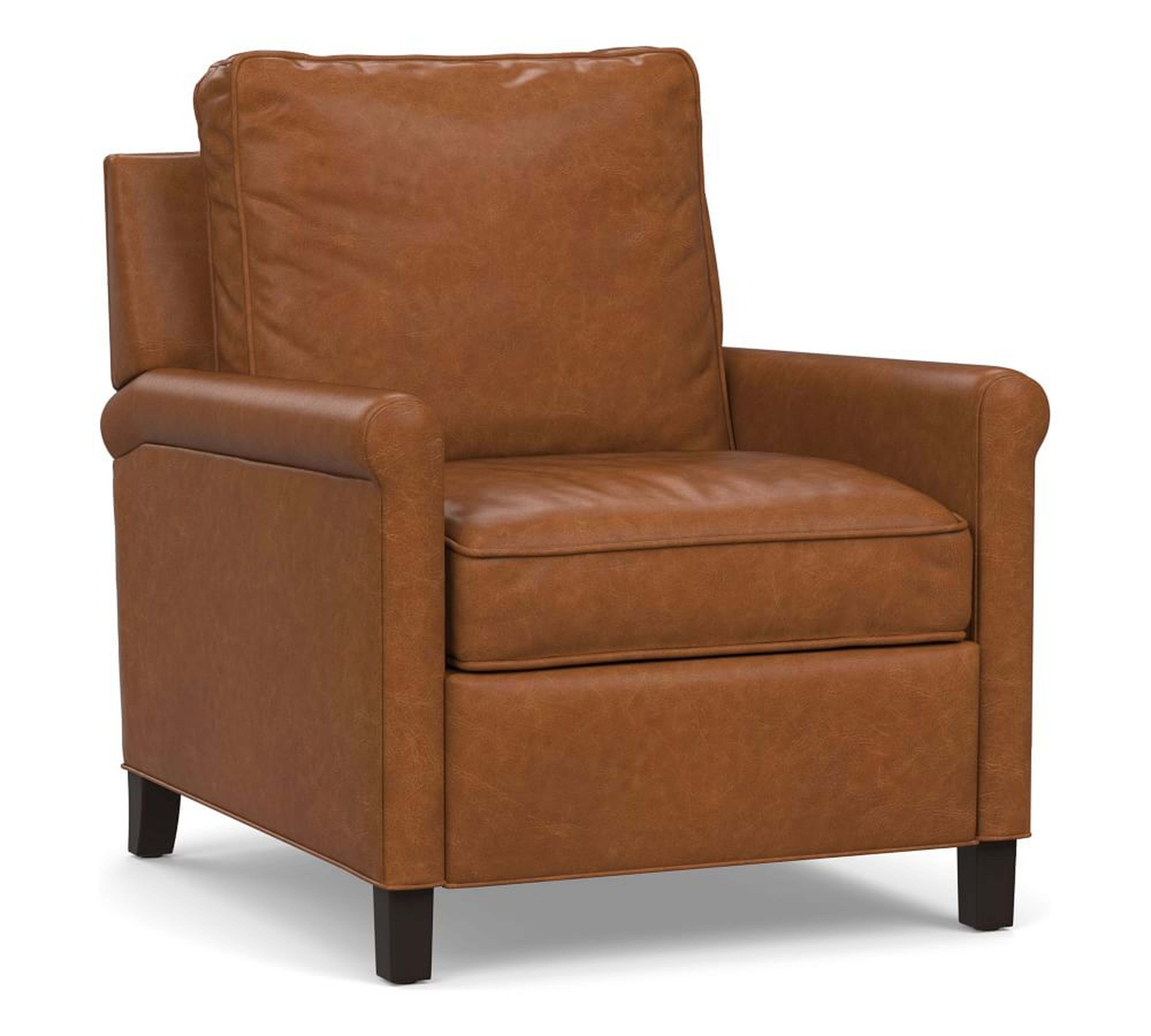 30.5" w x 36.5" d Tyler Roll Arm Leather Recliner without Nailheads, Down Blend Wrapped Cushions, Statesville Caramel - Pottery Barn
