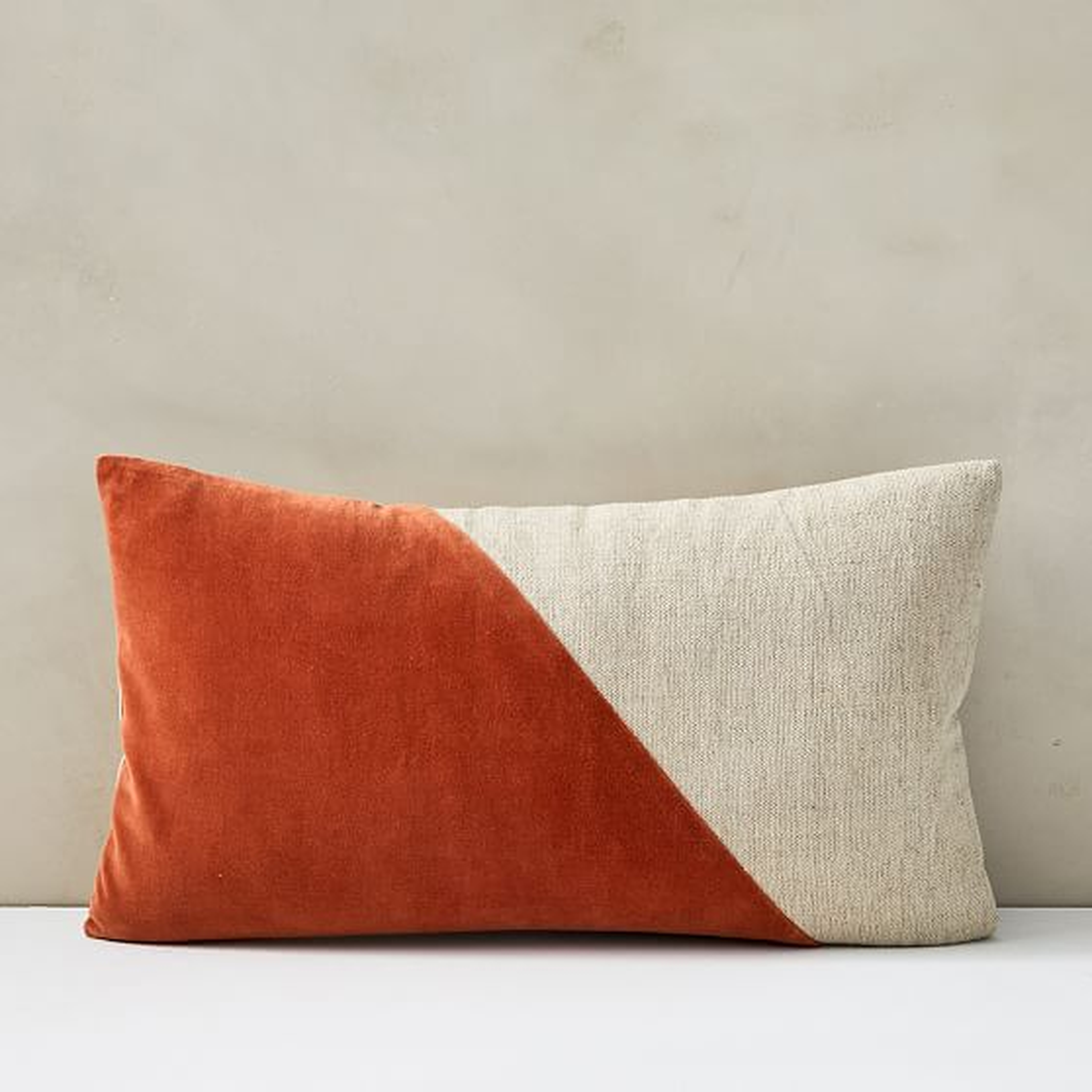 Cotton Linen + Velvet Lumbar Pillow Cover with Down Insert, Copper, 12"x21" - West Elm