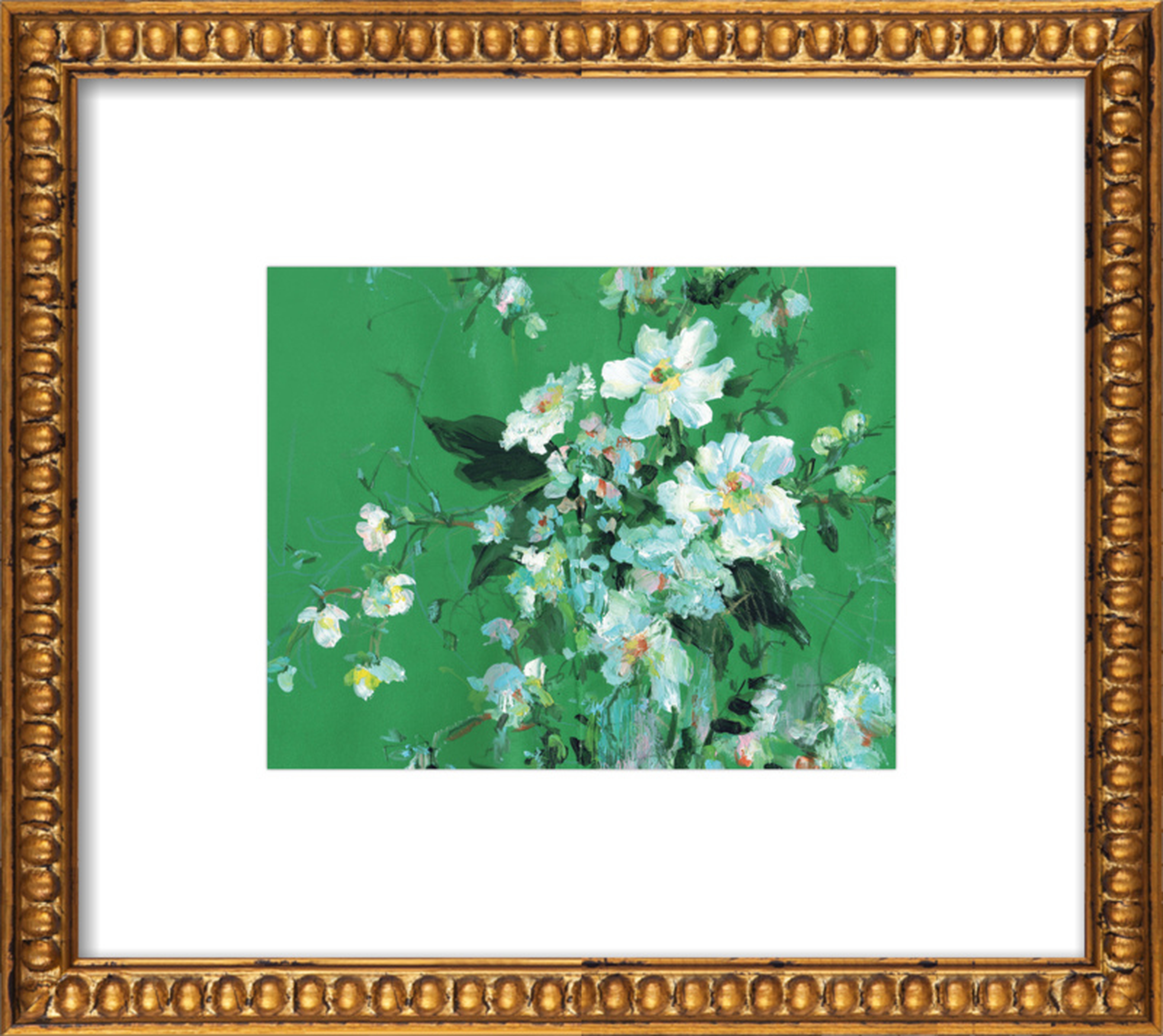 Arrangement in Green and White - 10" x 12" - Ornate Gold Crackle Bead Wood Frame - With Matte - Artfully Walls