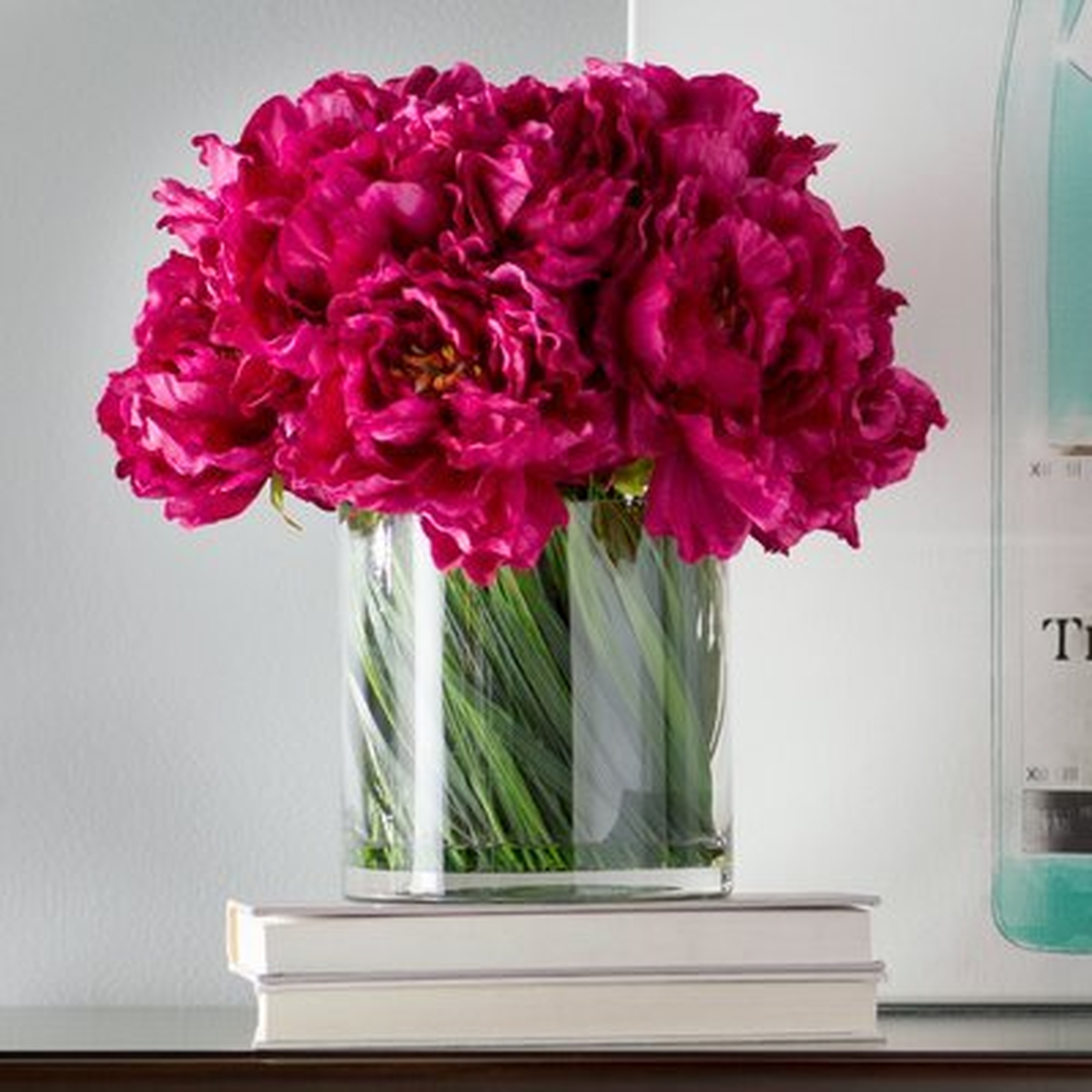 Magenta Peony Floral Arrangement in Acrylic Water Glass Vase - Birch Lane
