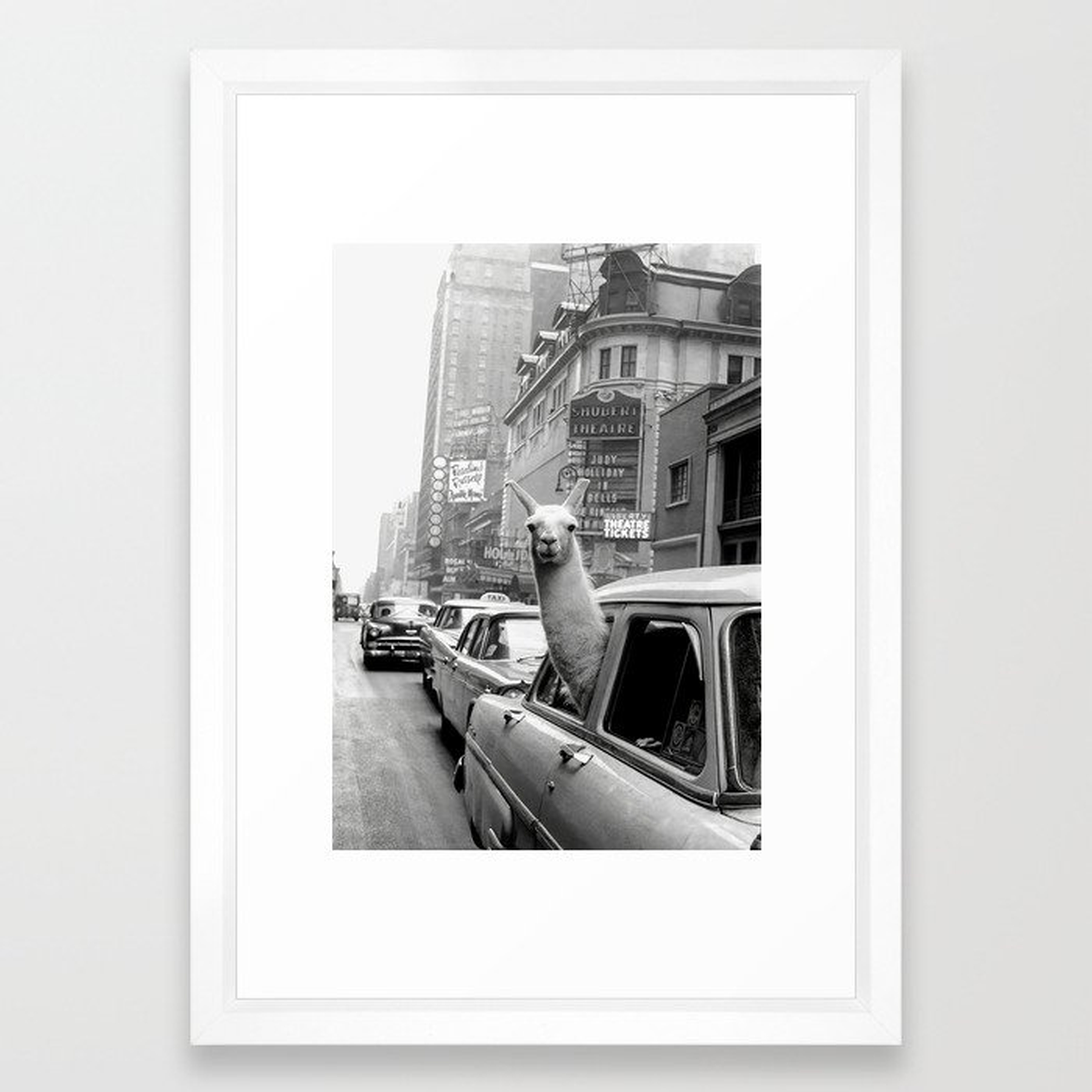Llama Riding in Taxi, Black and White Vintage Print Framed Art Print - Society6