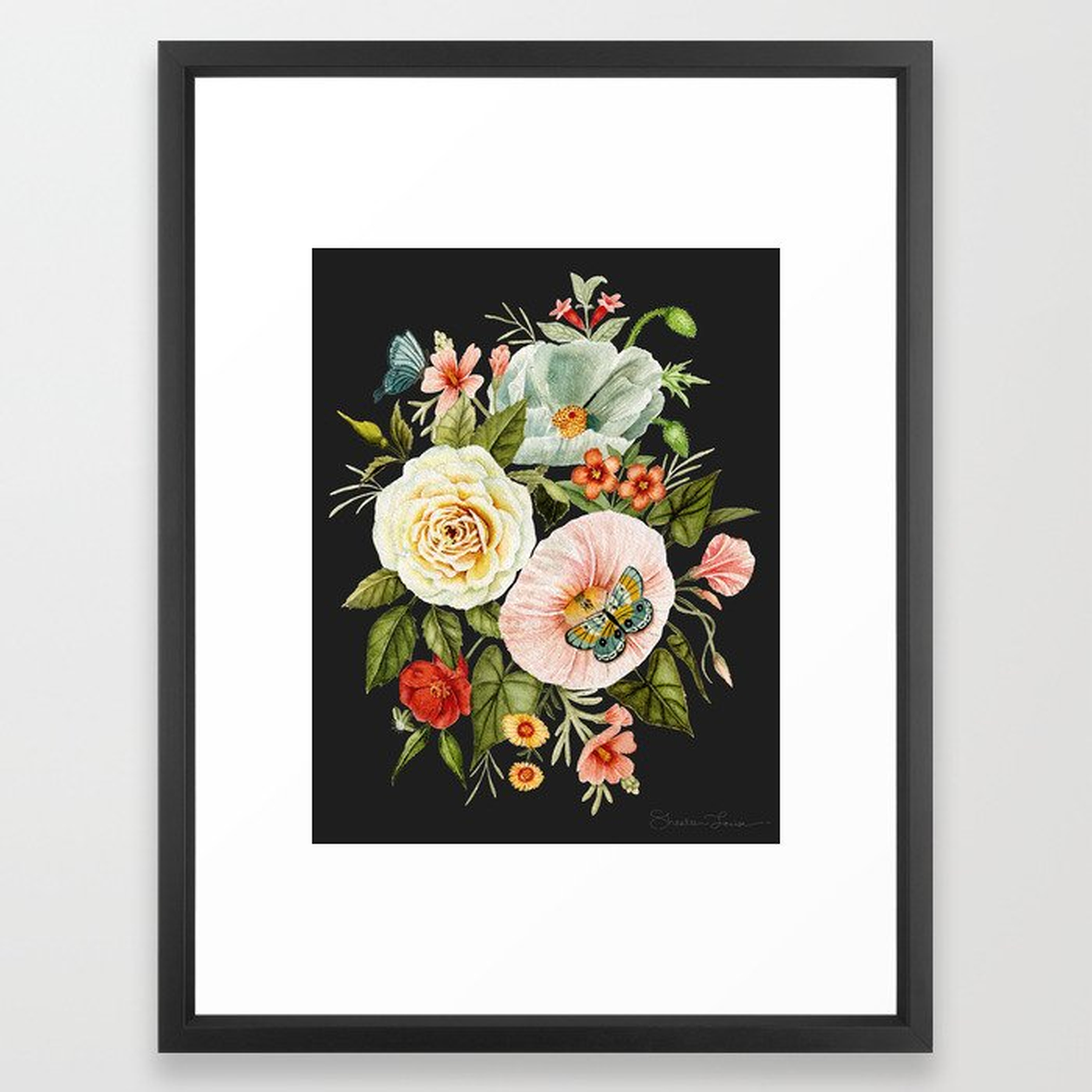Wildflower and Butterflies Bouquet on Charcoal Black Framed Art Print - Society6