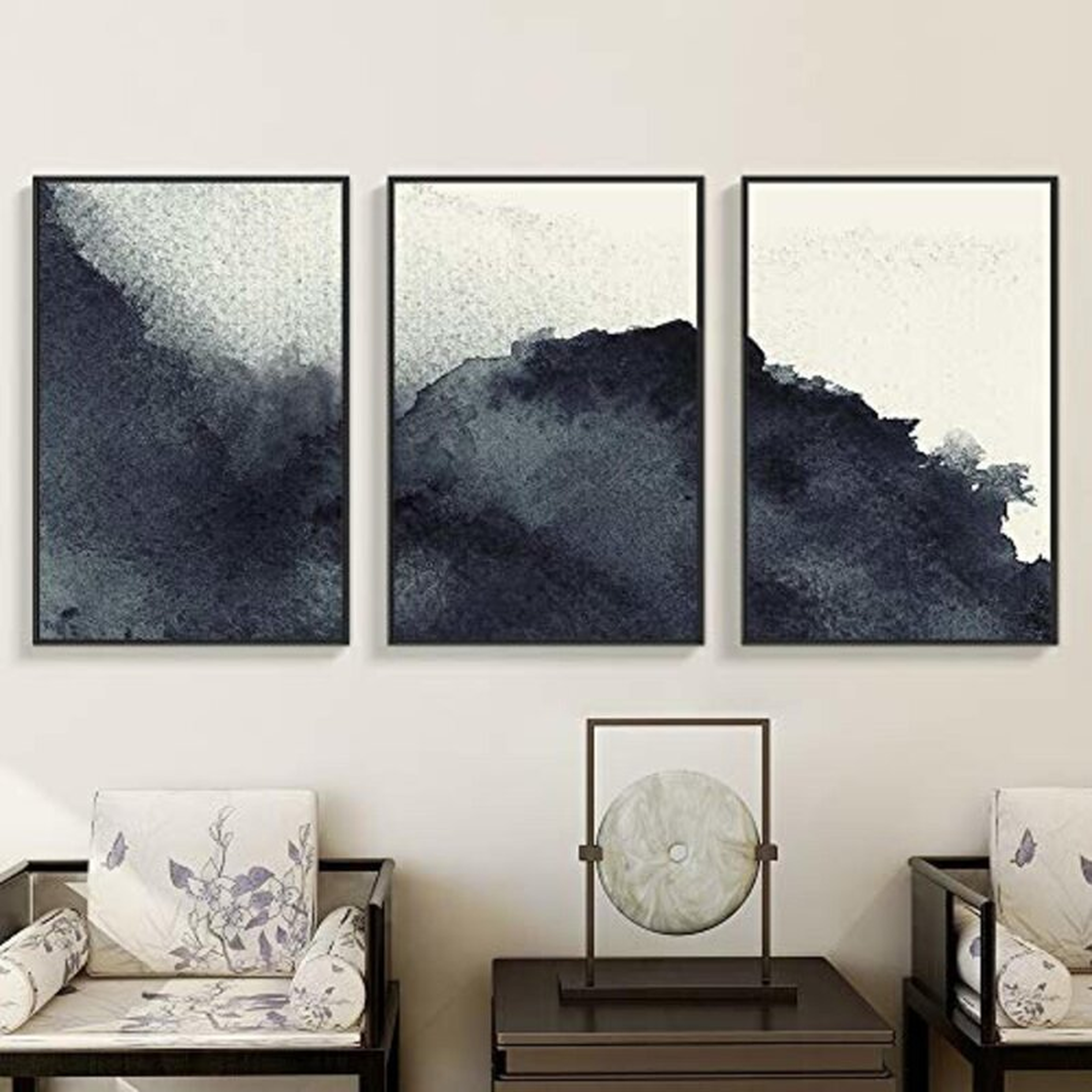 3 Panels Abstract Zen Ink Canvas - 3 Piece Floater Frame Painting on Canvas - Wayfair