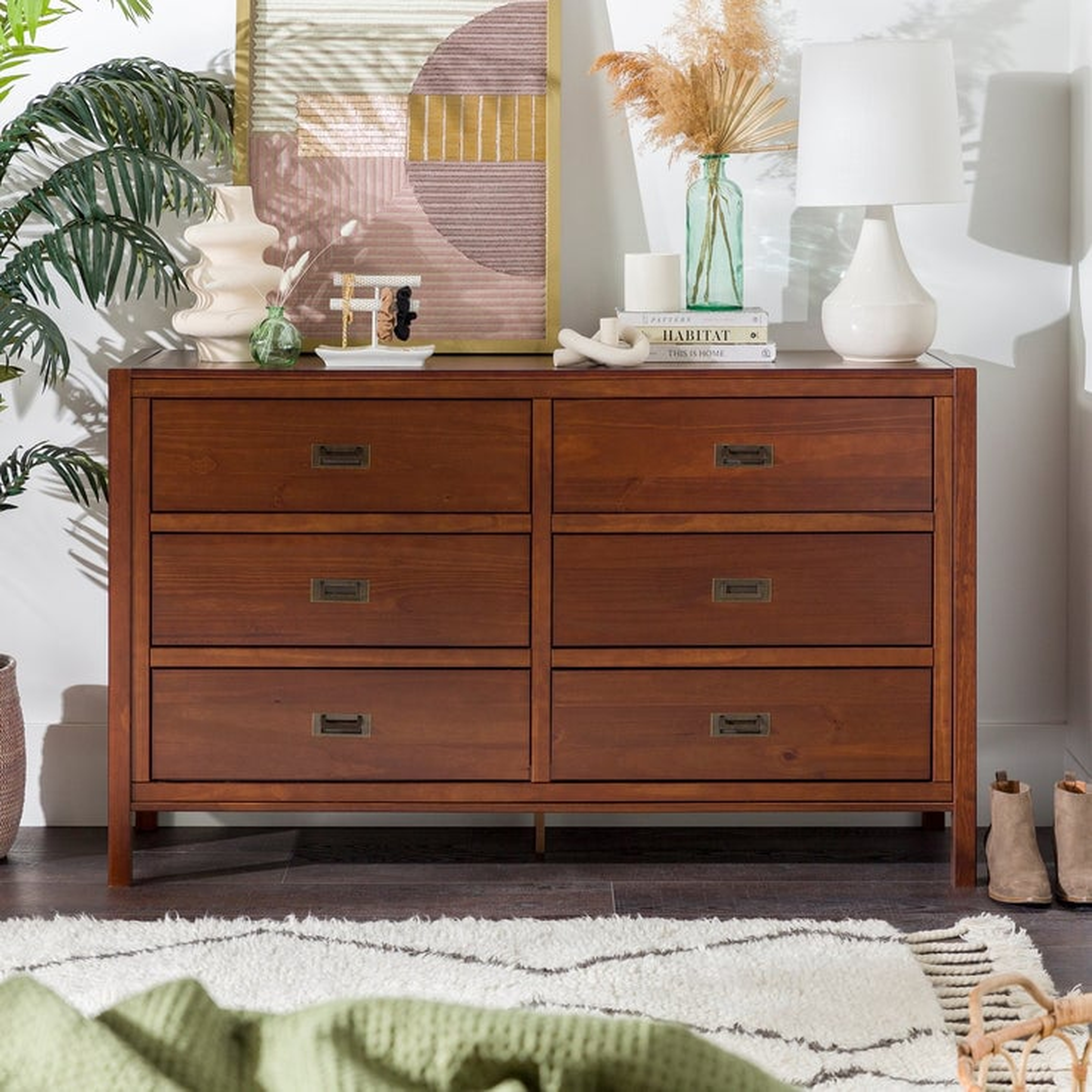 Lydia 57" Classic Solid Wood 6 Drawer Dresser - Walnut - Walker Edison