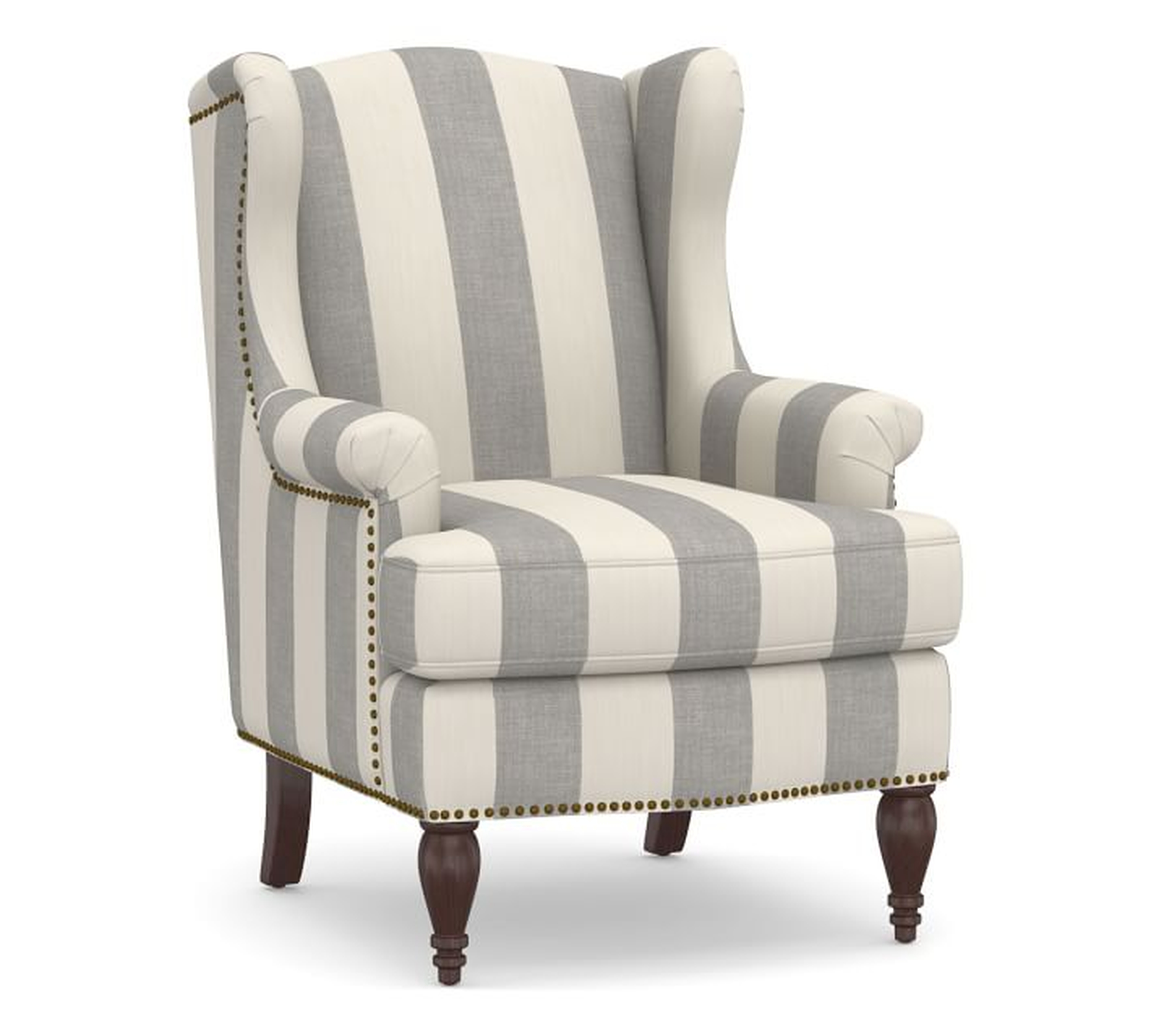 SoMa Delancey Upholstered Wingback Armchair, Polyester Wrapped Cushions, Premium Performance Awning Stripe Light Gray/Ivory - Pottery Barn