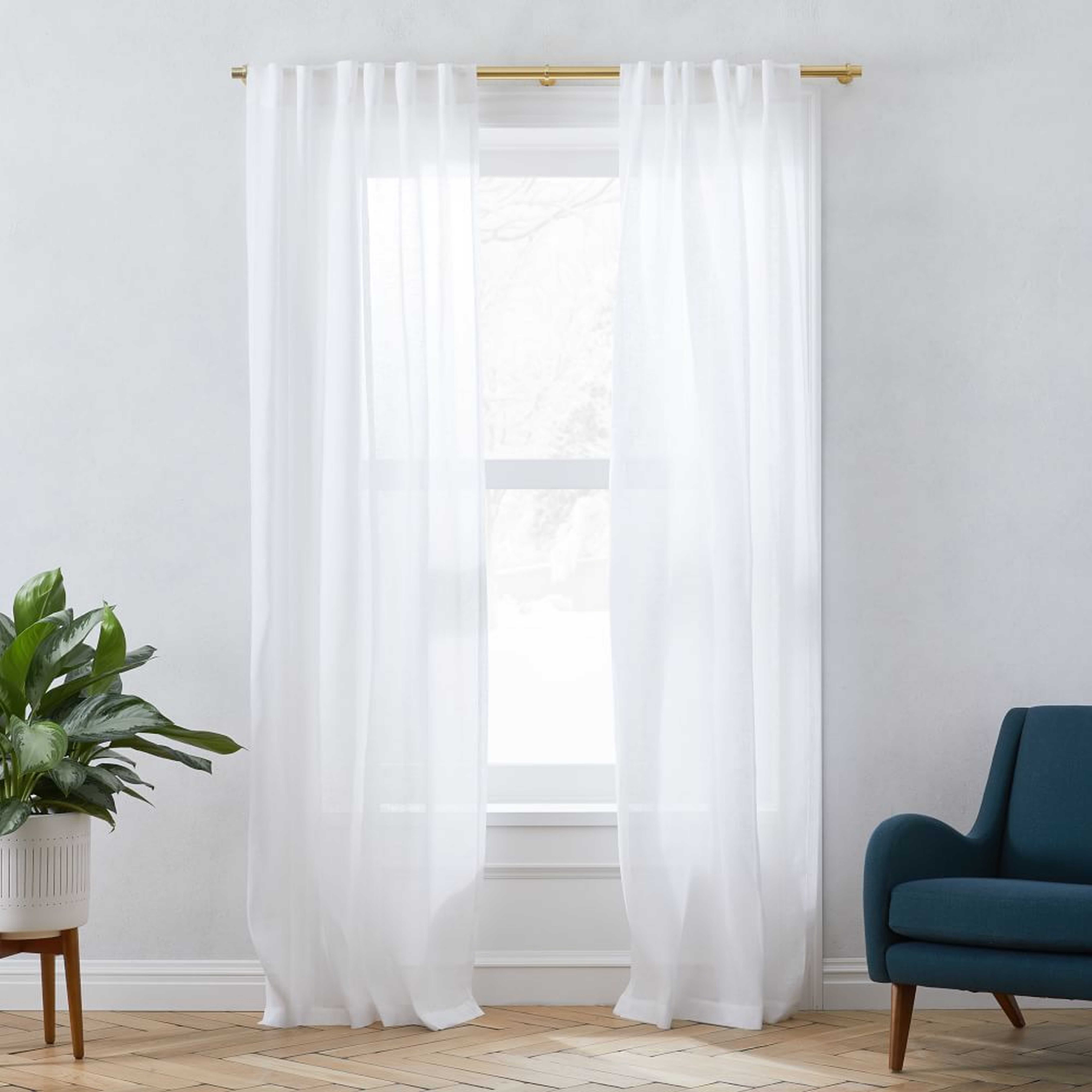 Sheer Belgian Flax Linen Curtain, White, 48" x 108", Unlined, Individual - West Elm