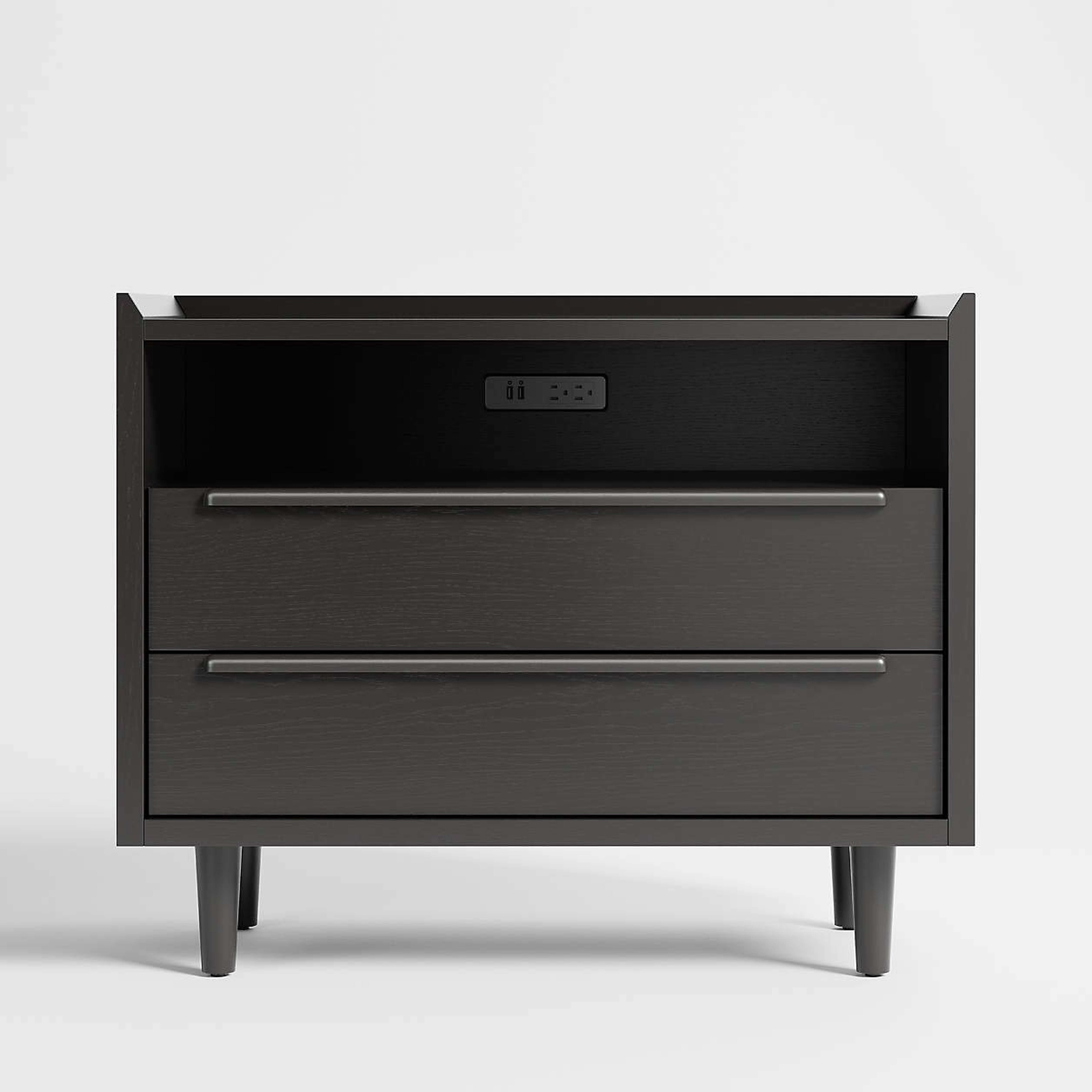 Tate Black 2-Drawer Mid-Century Nightstand with Power Outlets - Crate and Barrel