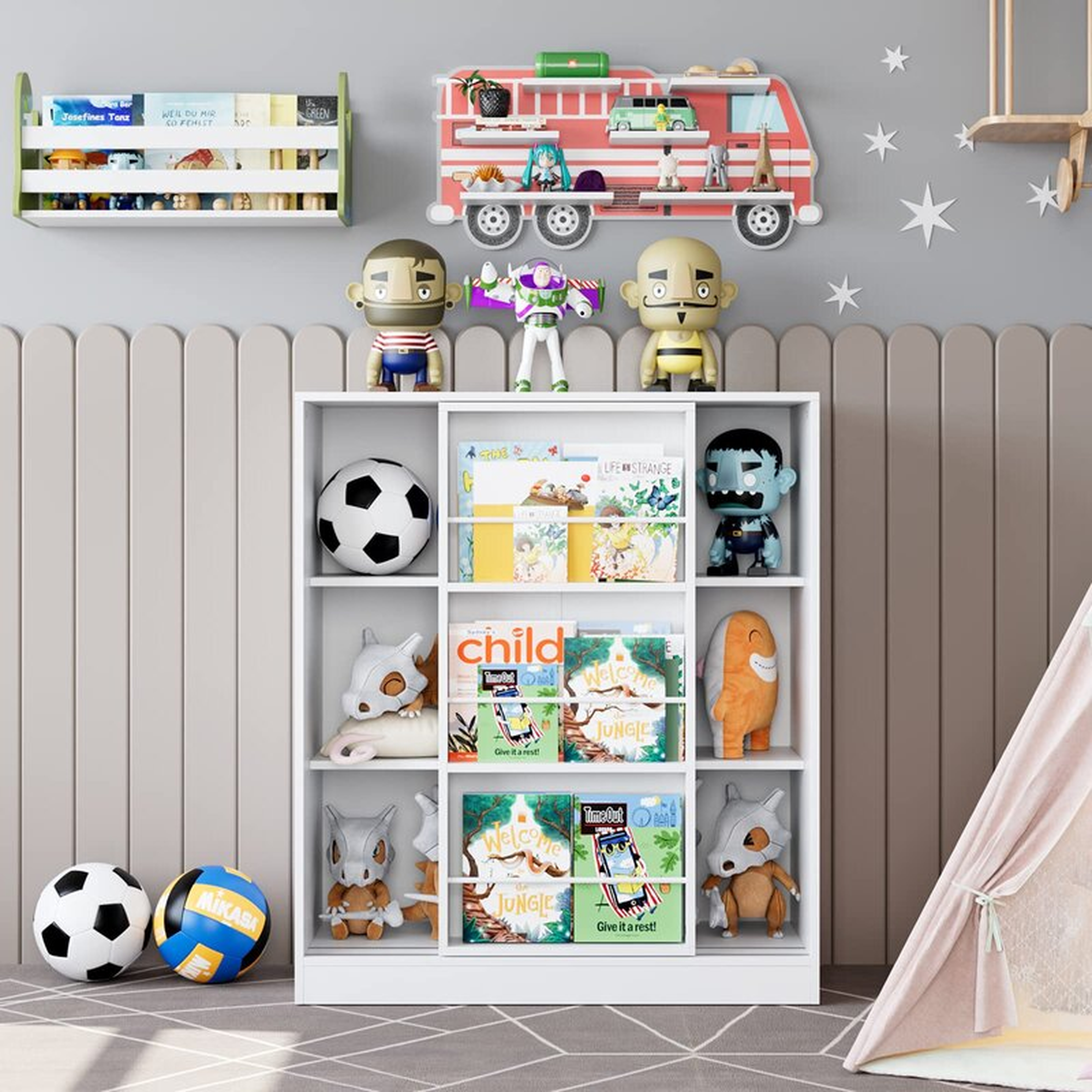 Childrens Storage Cabinet Sliding Door Display Shelf Toy Organizer 41.3" H x 35.4" W Kids Bookcase - Wayfair
