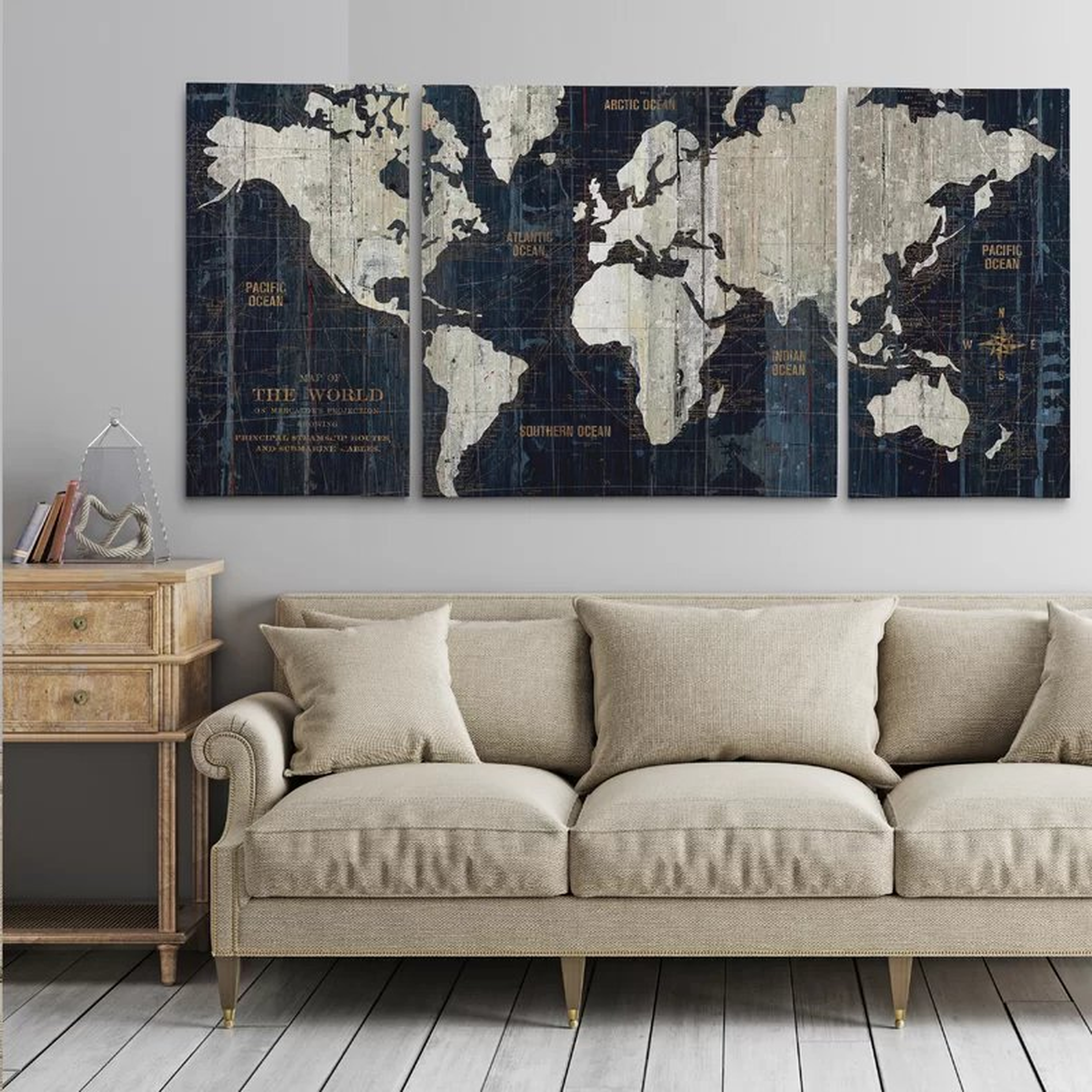 'Old World Map Blue' Framed Graphic Art Print on Wrapped Canvas24" H x 48" W x 2" D - Wayfair