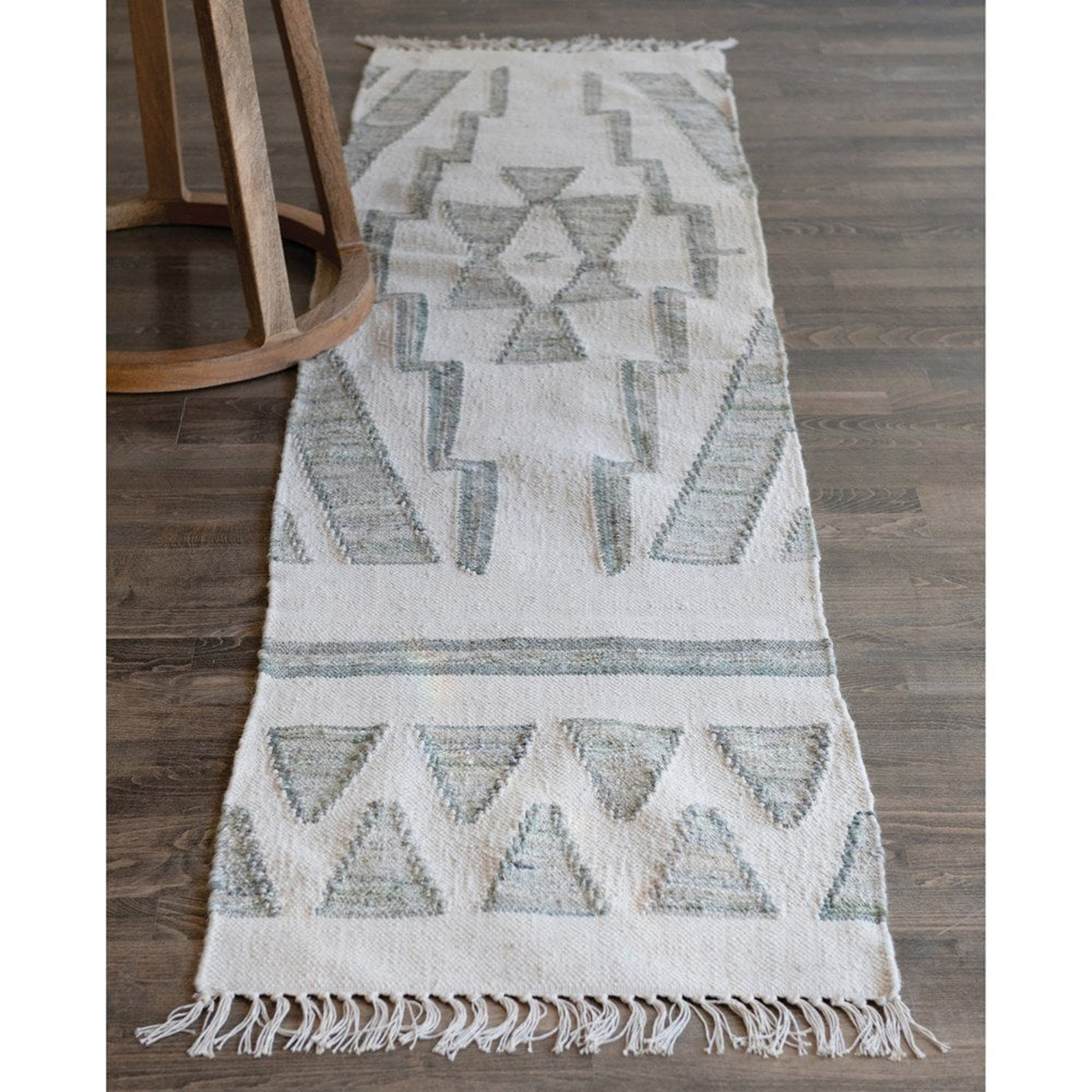 Hand-Woven Cotton & Wool Kilim Floor Runner, Variegated Green & Cream Color - Creative Co-Op