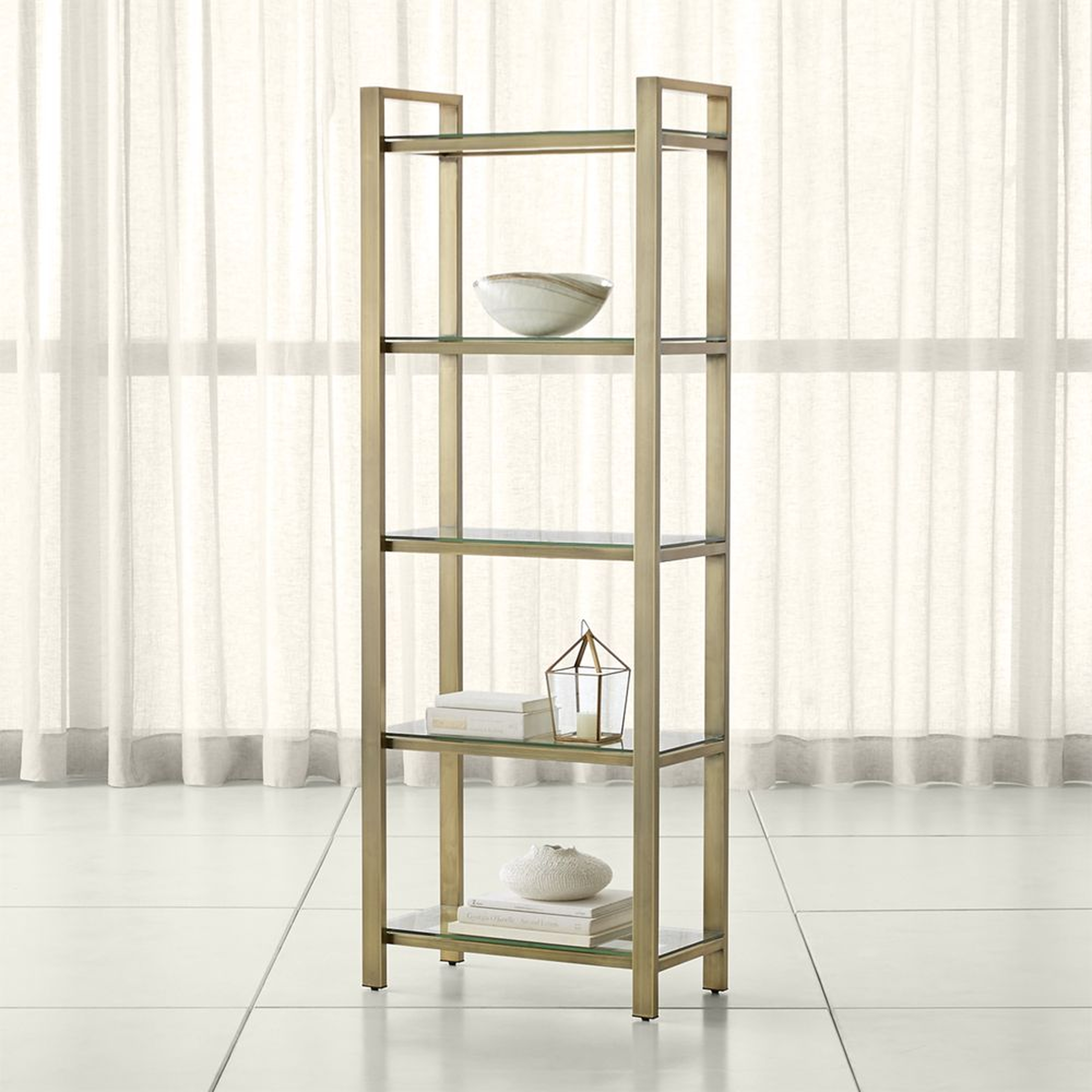 Pilsen Brass Bookcase with Glass Shelves - Crate and Barrel