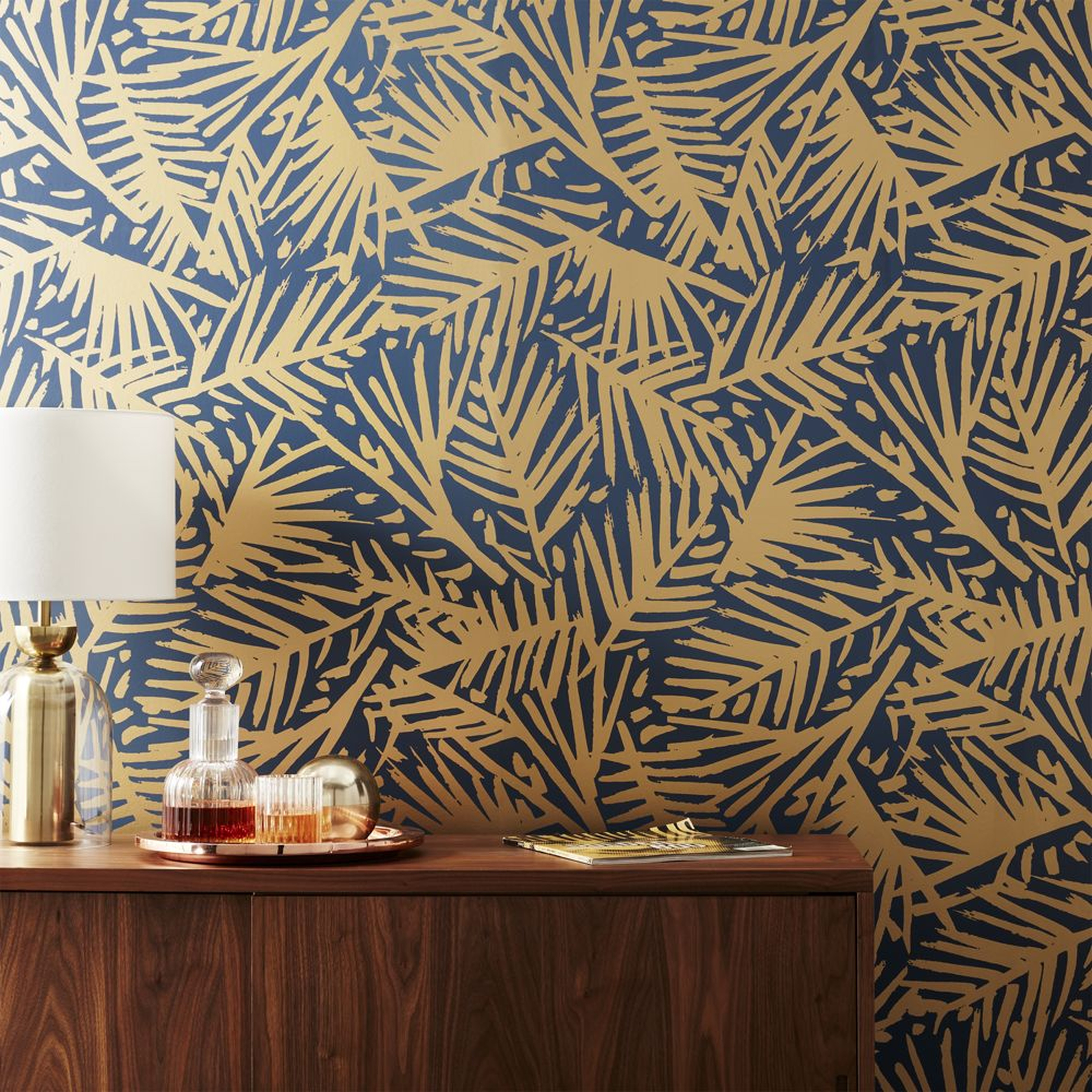 caymen navy and gold palm traditional paste wallpaper - CB2