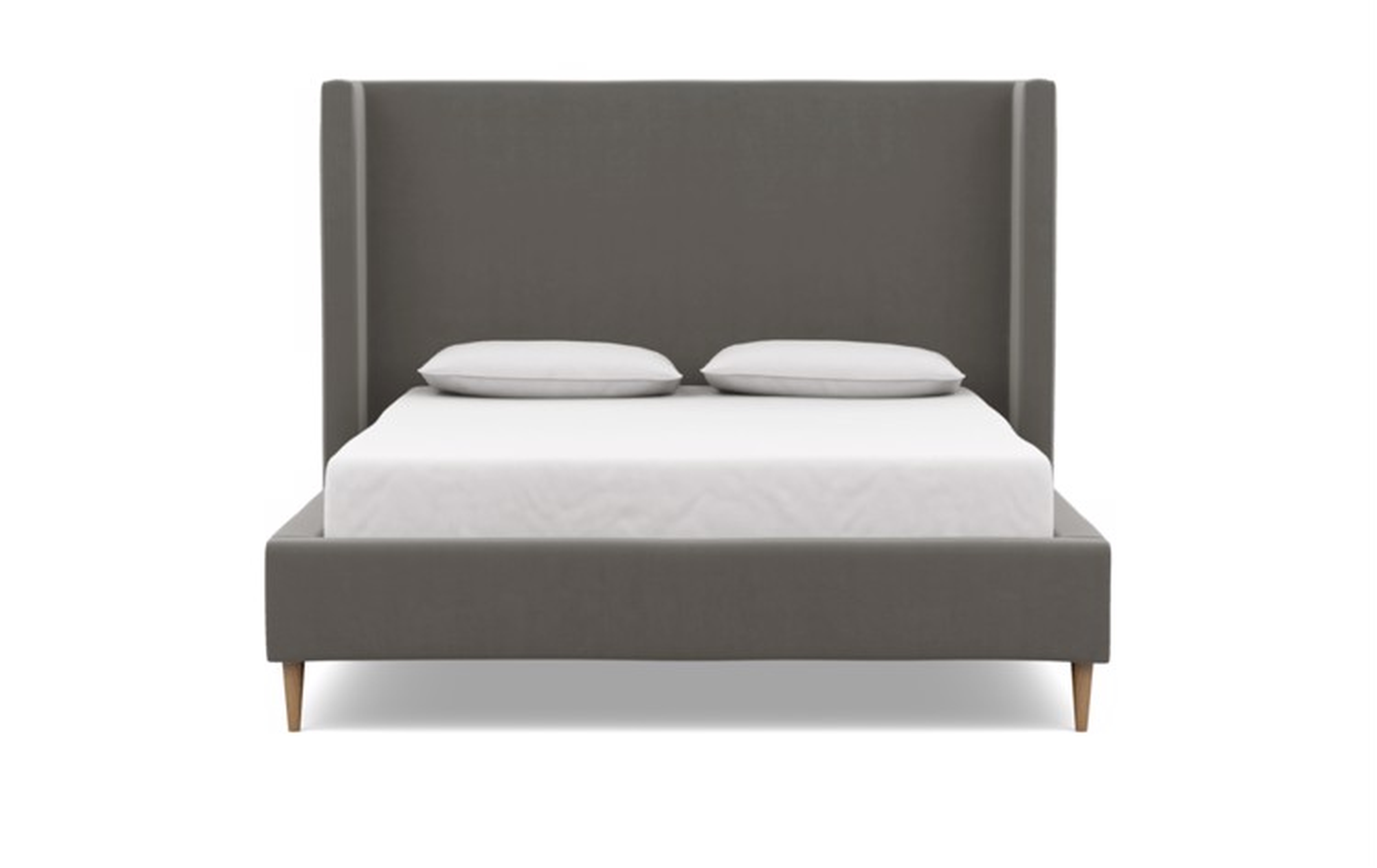 Custon: Oliver Beds in Greige Mod Velvet Fabric with tall headboard with Natural Oak Tapered Round Wood -54"H - Interior Define
