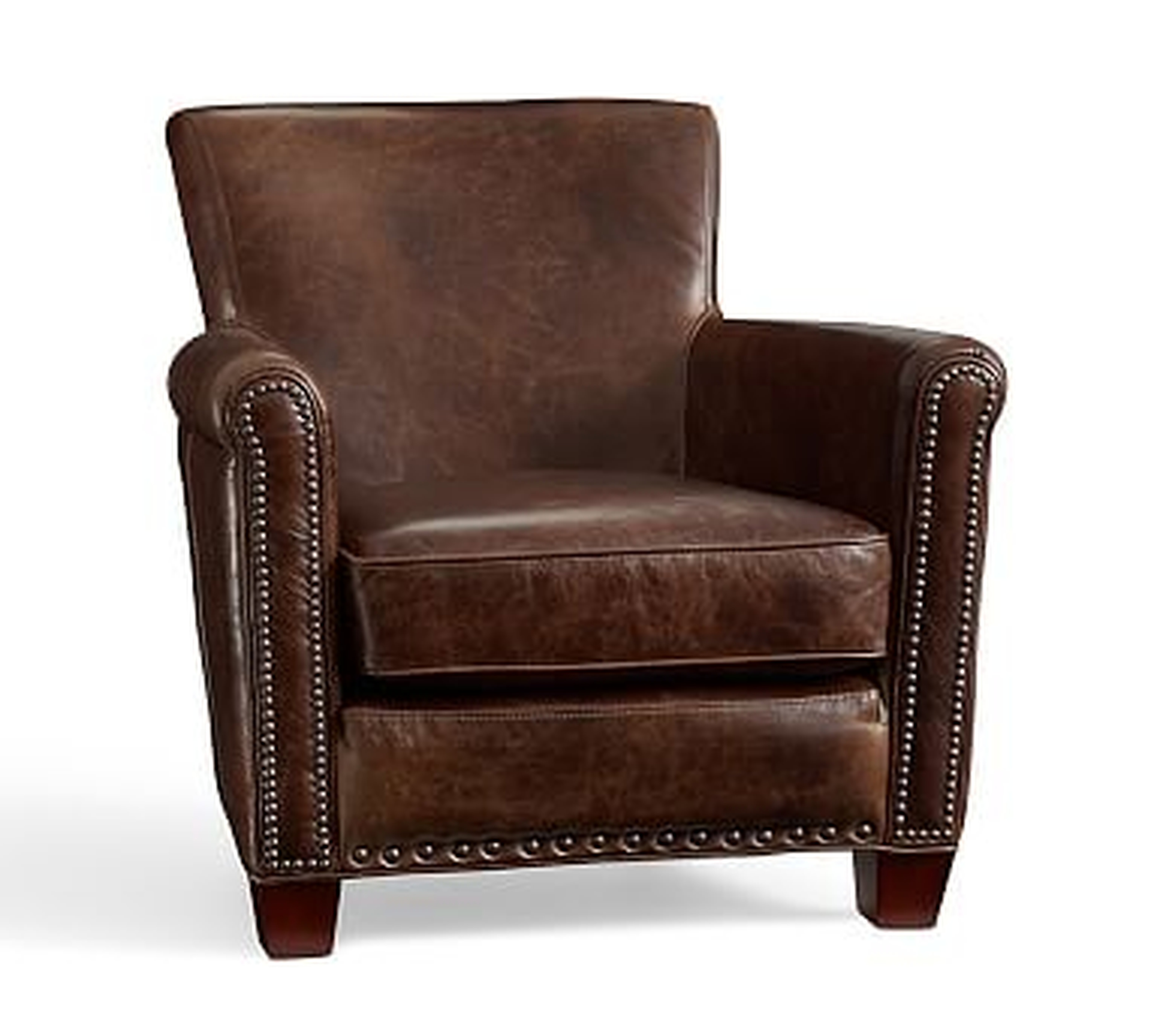 Irving Leather Armchair, Bronze Nailheads, Polyester Wrapped Cushions, Statesville Molasses - Pottery Barn