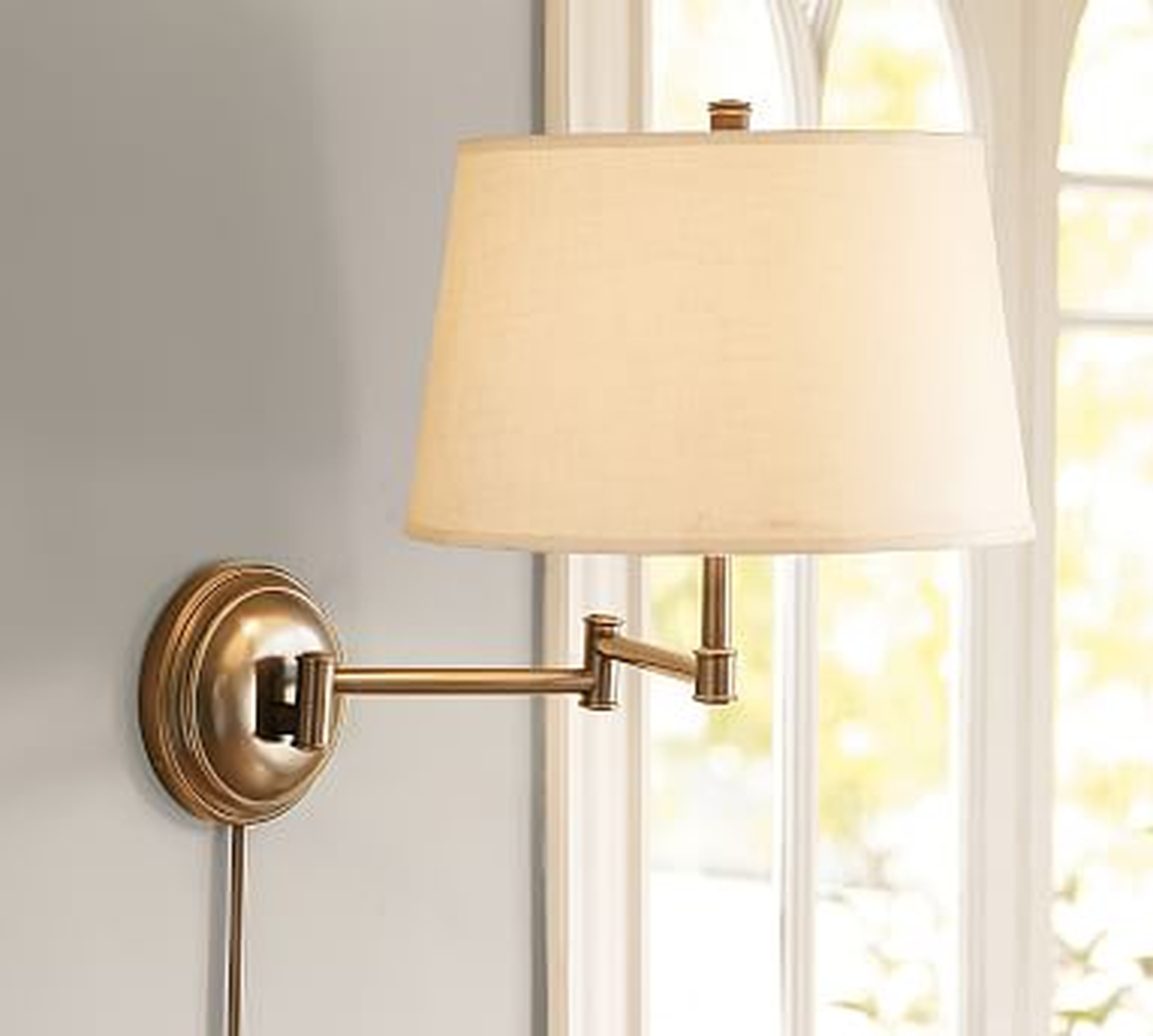 Chelsea Swing-Arm Sconce, Aged Brass Base &amp; Small Tapered Gallery shade, White - Pottery Barn