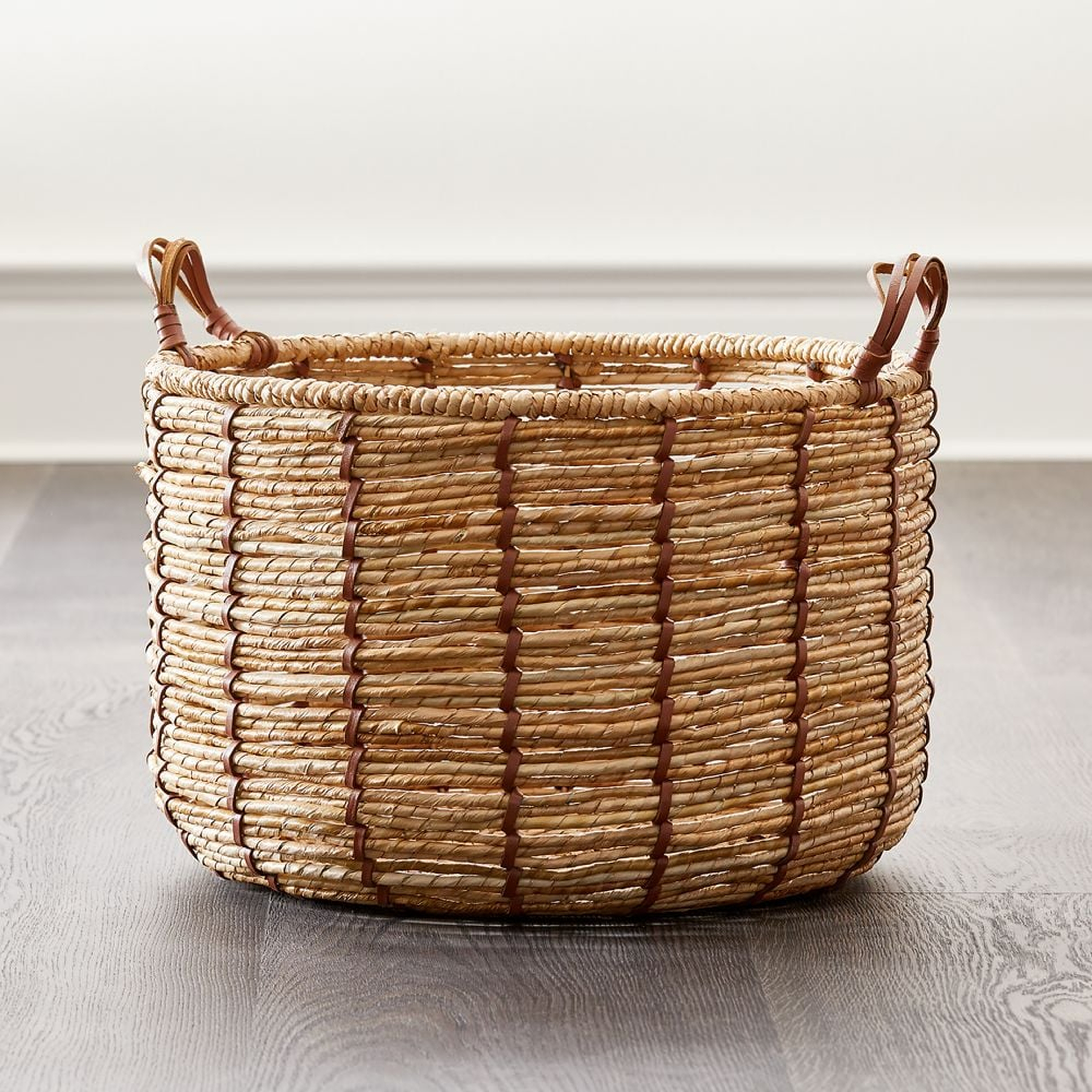 Emory Small Cognac Leather Handle Basket - Crate and Barrel