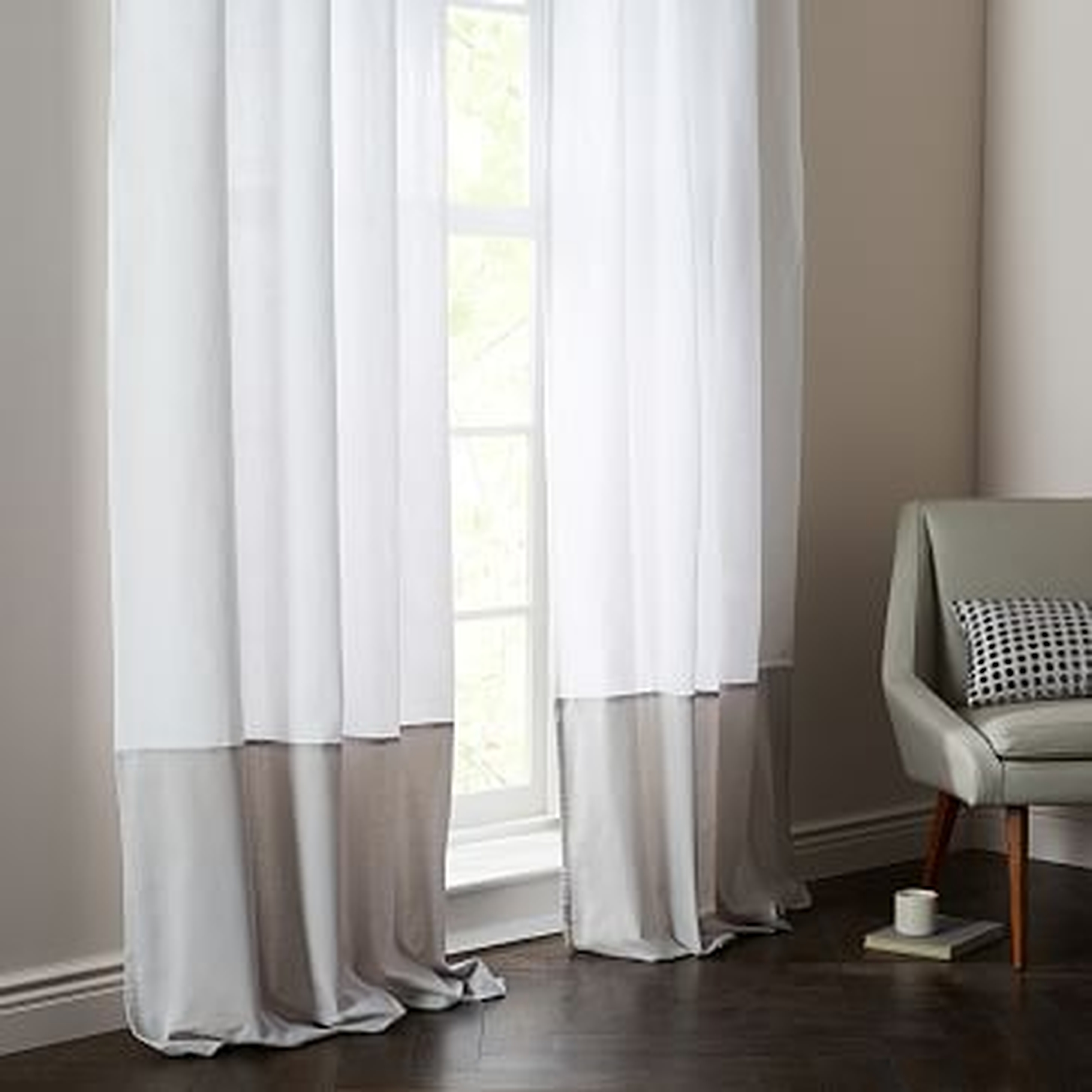 Linen Velvet Colorblock Curtain, White/Frost, 48"X84" - West Elm