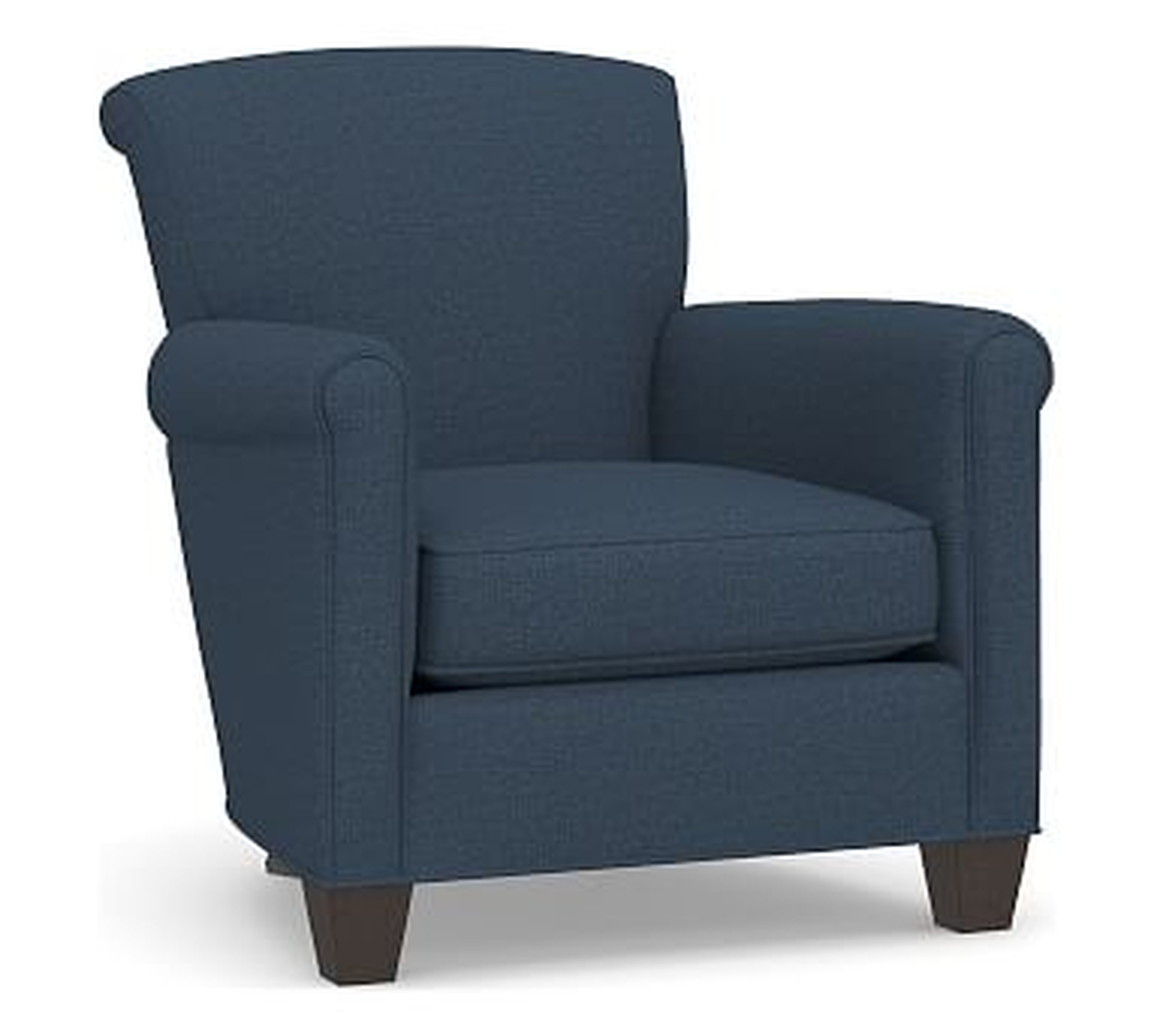 Irving Roll Arm Upholstered Armchair, Polyester Wrapped Cushions, Brushed Crossweave Navy - Pottery Barn