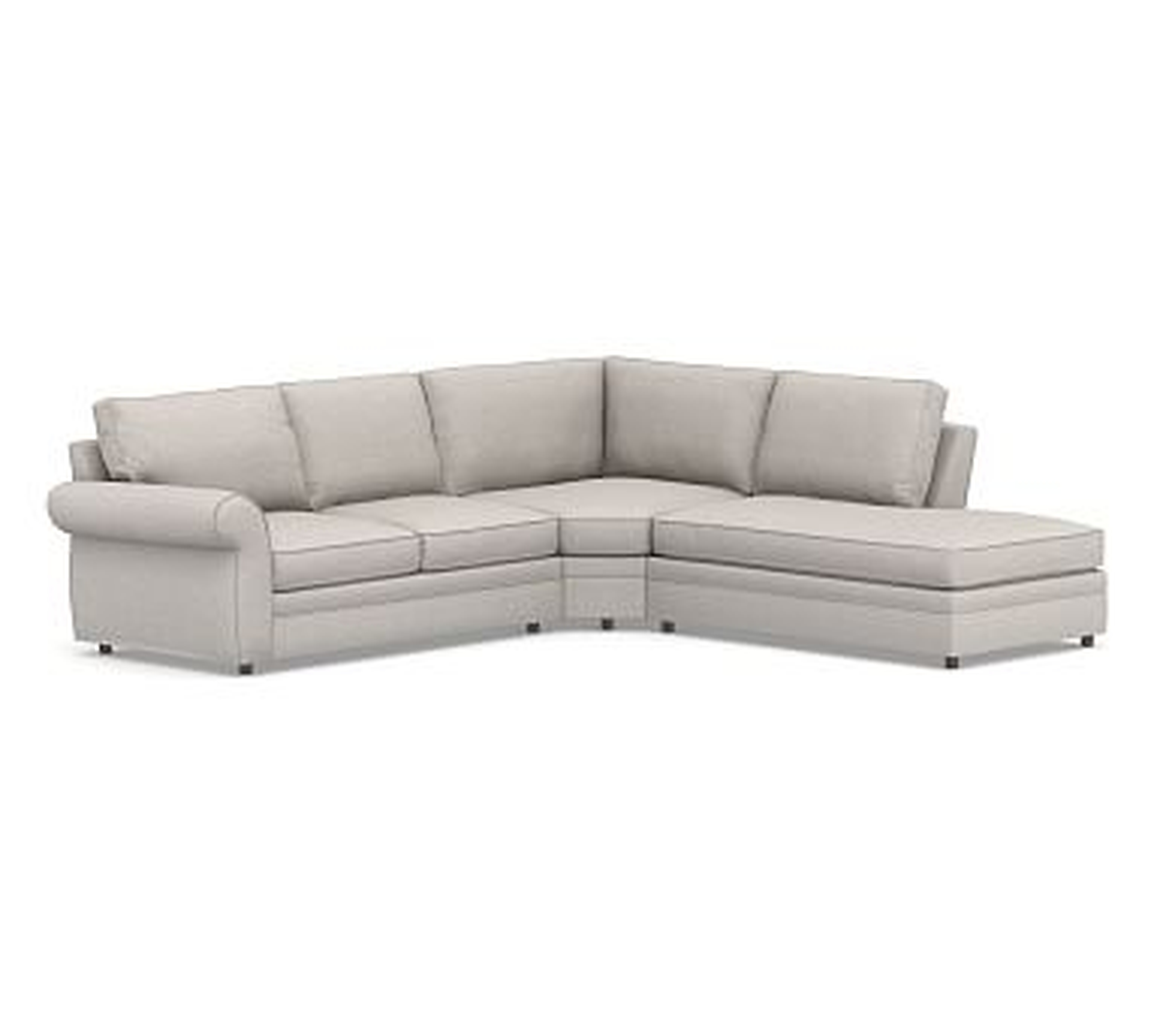 Pearce Roll Arm Upholstered Left 3-Piece Bumper Wedge Sectional, Down Blend Wrapped Cushions, Heathered Twill Stone - Pottery Barn