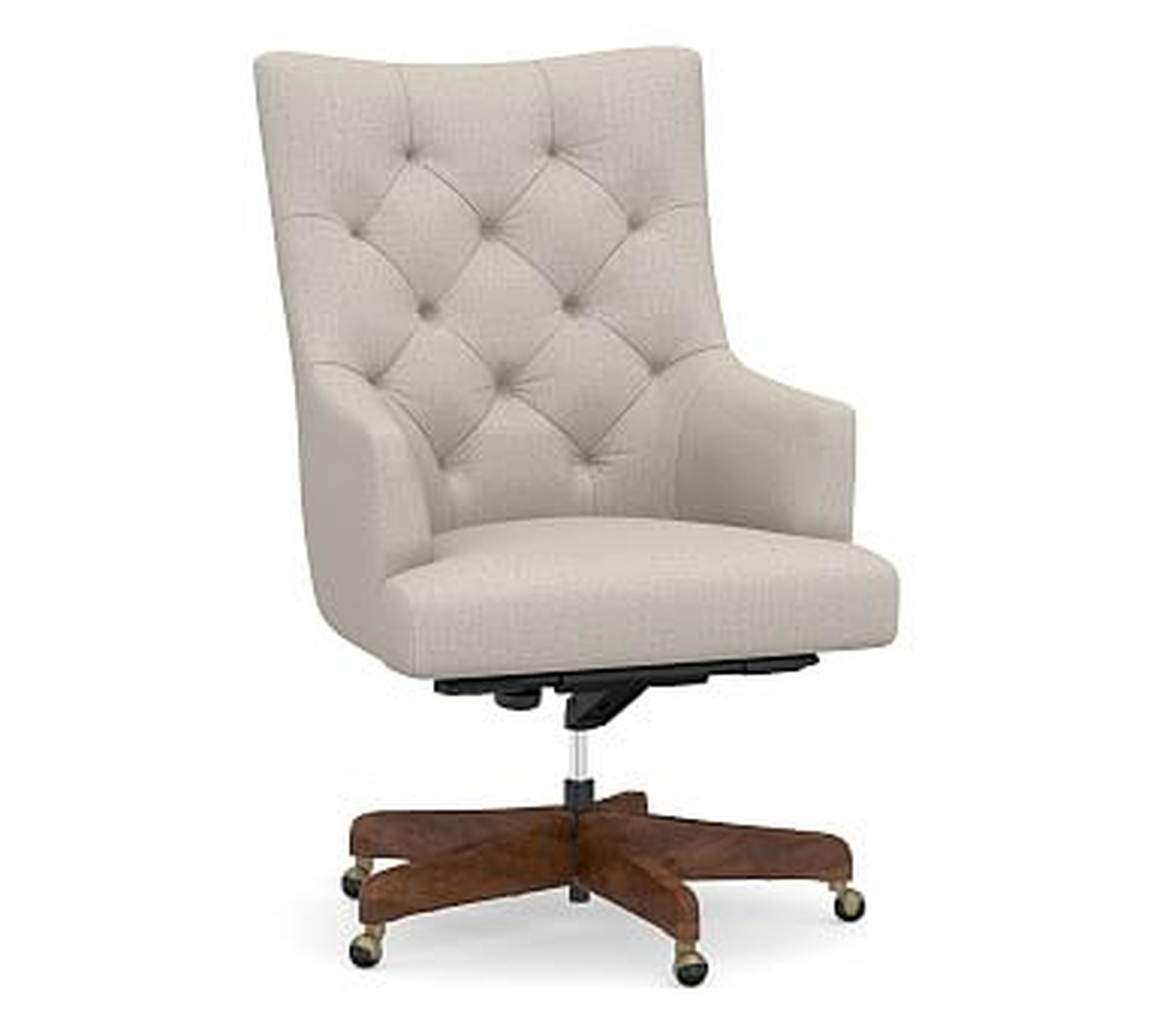 Radcliffe Tufted Upholstered Swivel Desk Chair, Rustic Brown Base, Performance Heathered Tweed Pebble - Pottery Barn