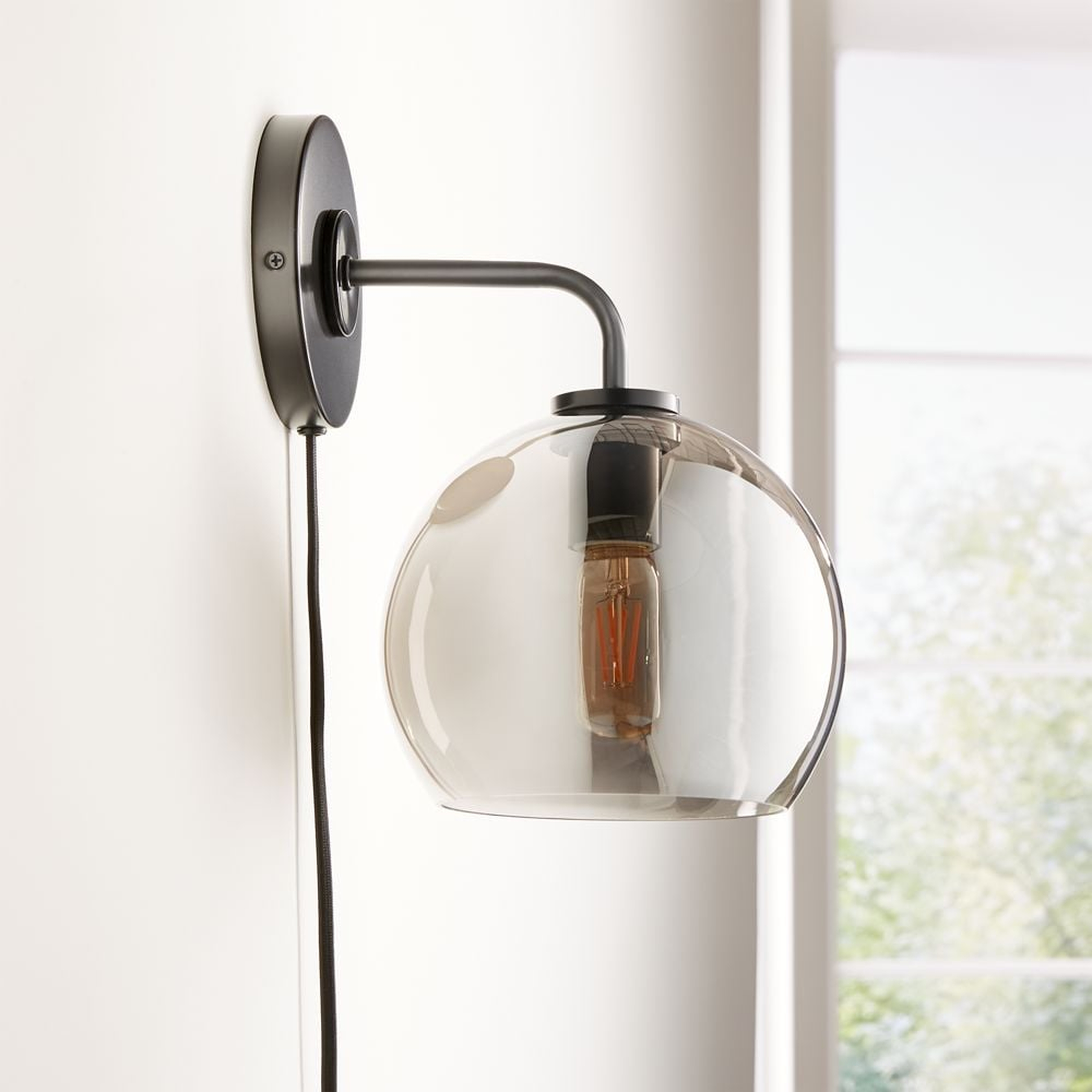 Arren Black Plug In Wall Sconce Light with Silver Round Shade - Crate and Barrel