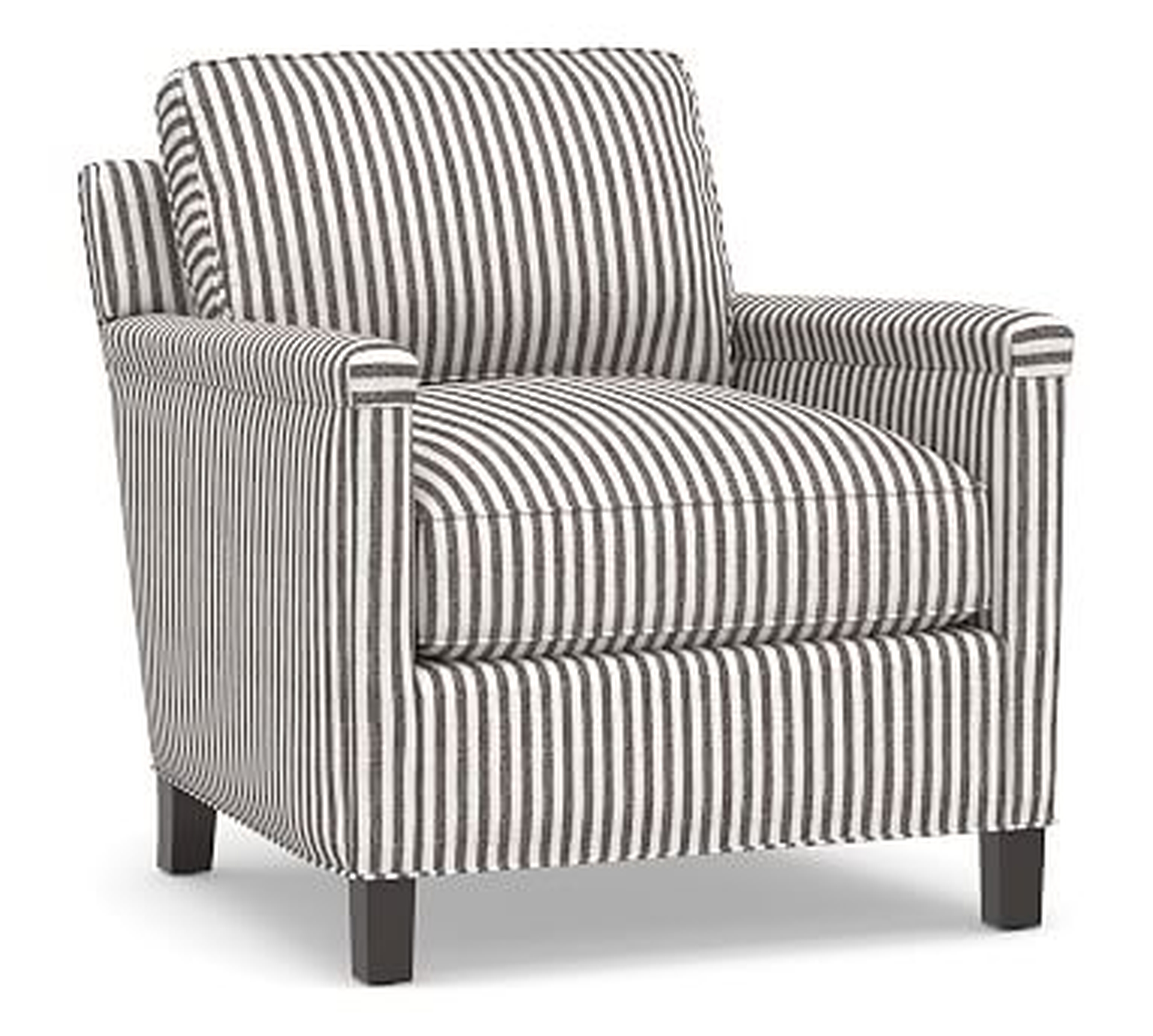 Tyler Square Arm Upholstered Armchair without Nailheads, Down Blend Wrapped Cushions, Vintage Stripe Black/Ivory - Pottery Barn