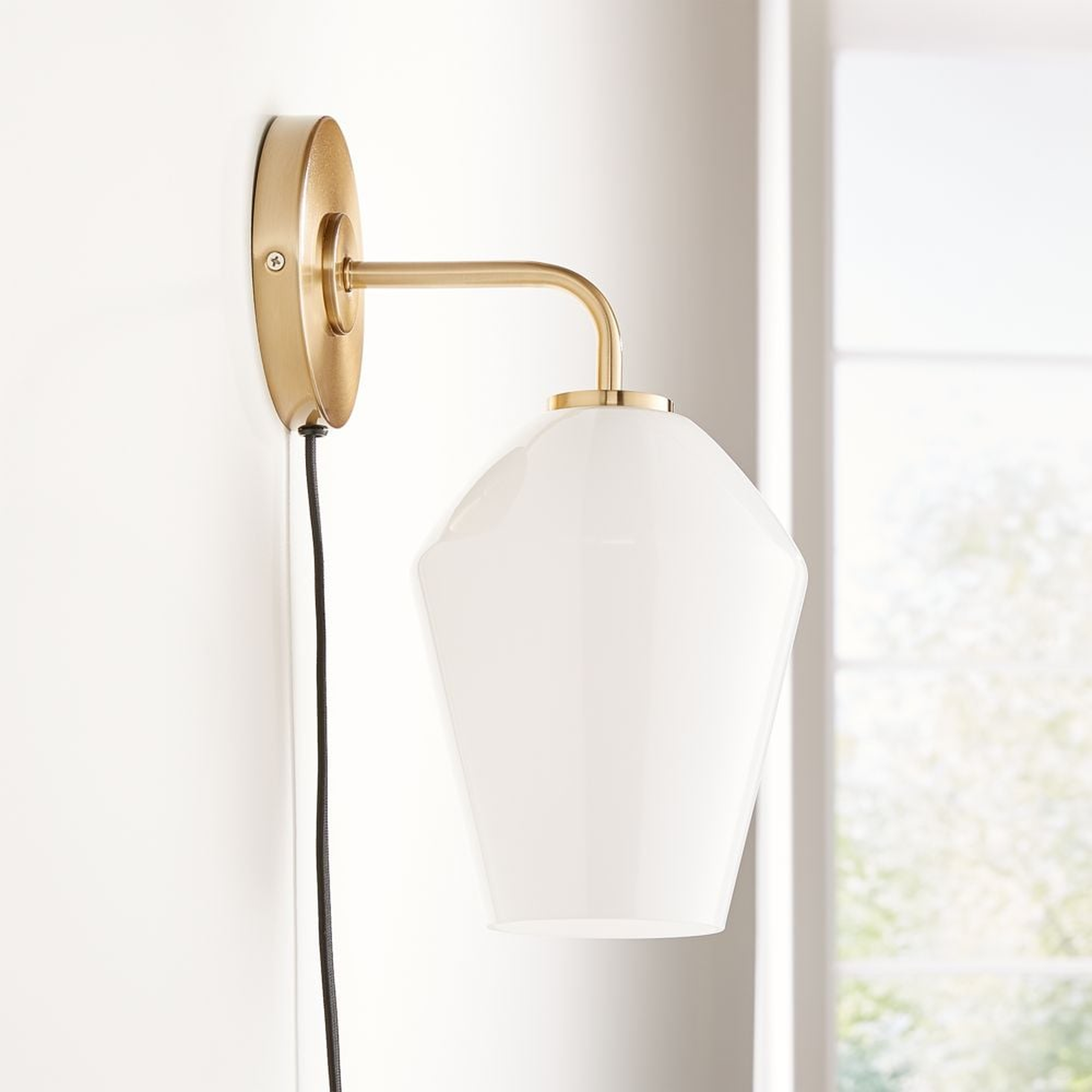Arren Brass Plug In Wall Sconce Light with Milk Angled Shade - Crate and Barrel