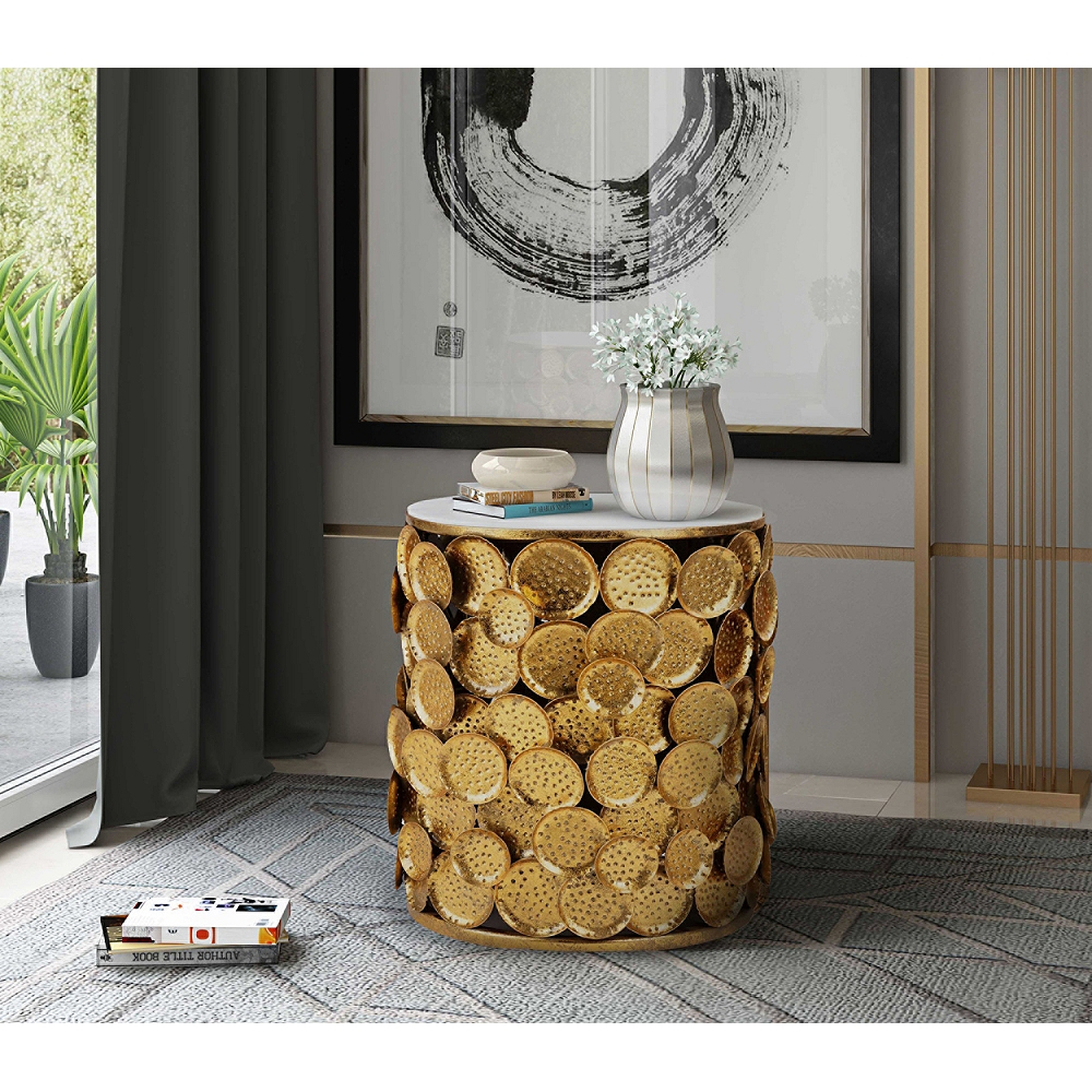 Brie Round Marble Top Side Table with Gold Discs Base - Style # 64N18 - Lamps Plus