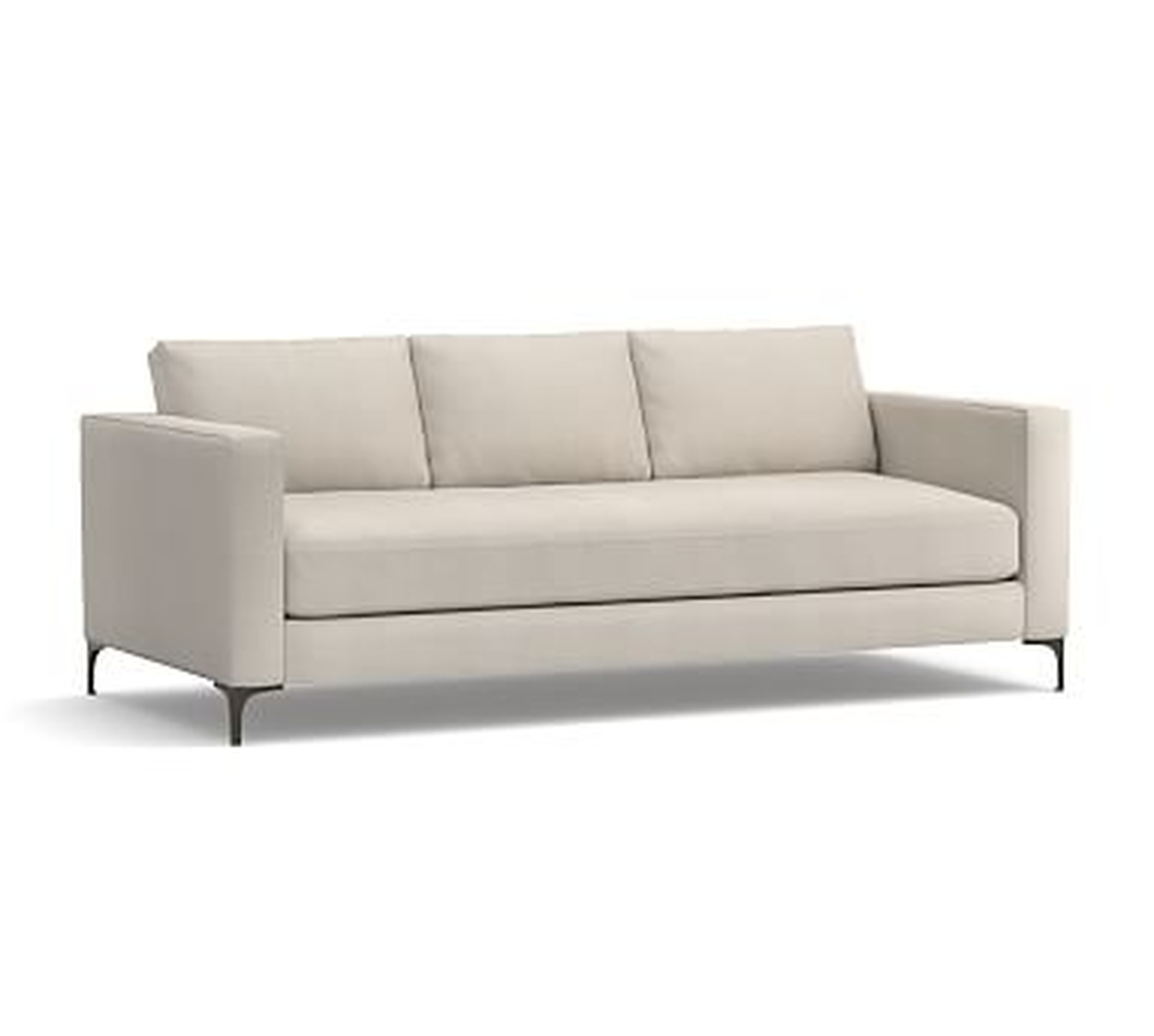Jake Upholstered Sofa 3x1 86" with Bronze Legs, Standard Cushions, Performance Everydaysuede(TM) Stone - Pottery Barn
