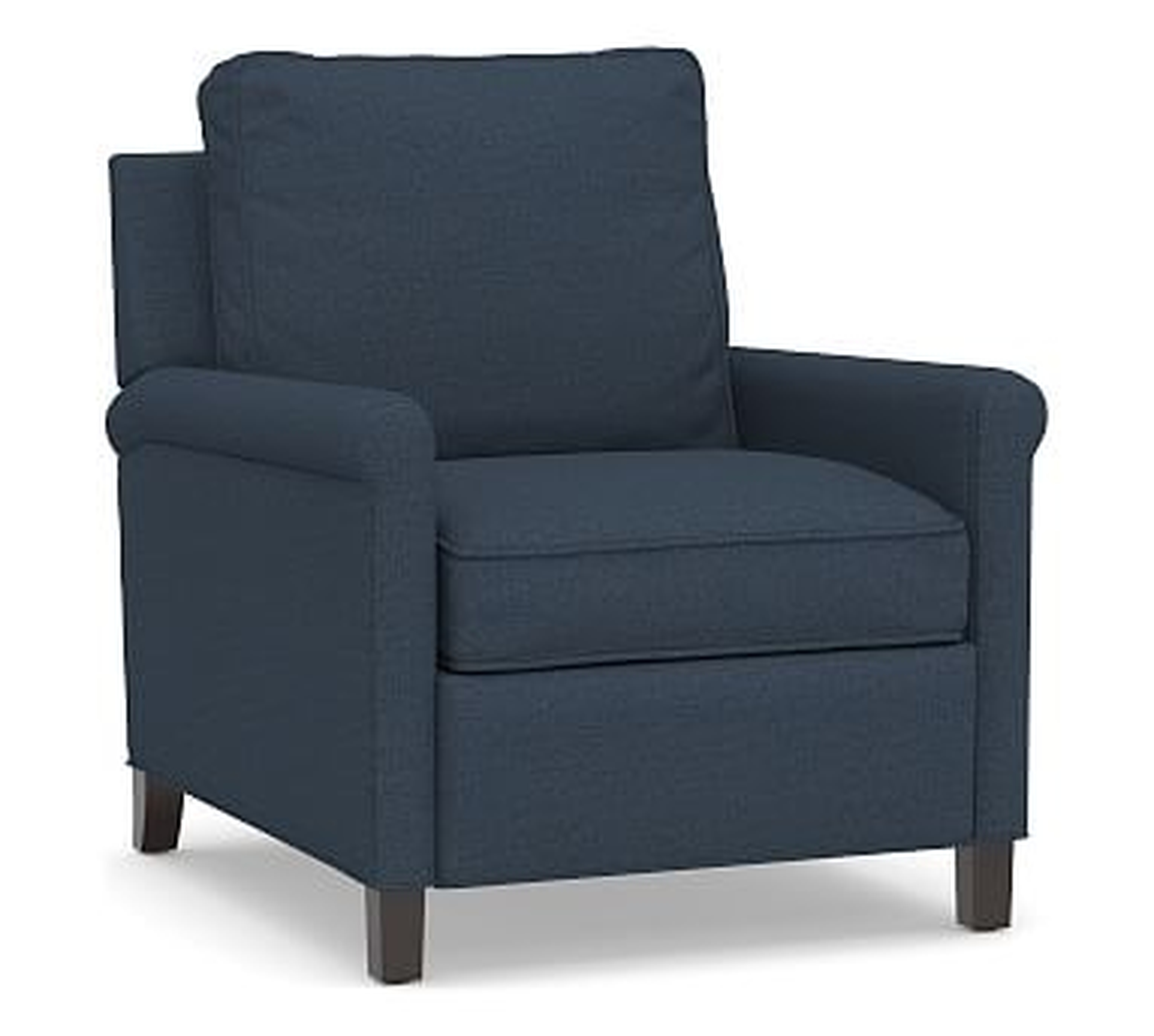 Tyler Roll Arm Upholstered Recliner without Nailheads, Polyester Wrapped Cushions, Brushed Crossweave Navy - Pottery Barn