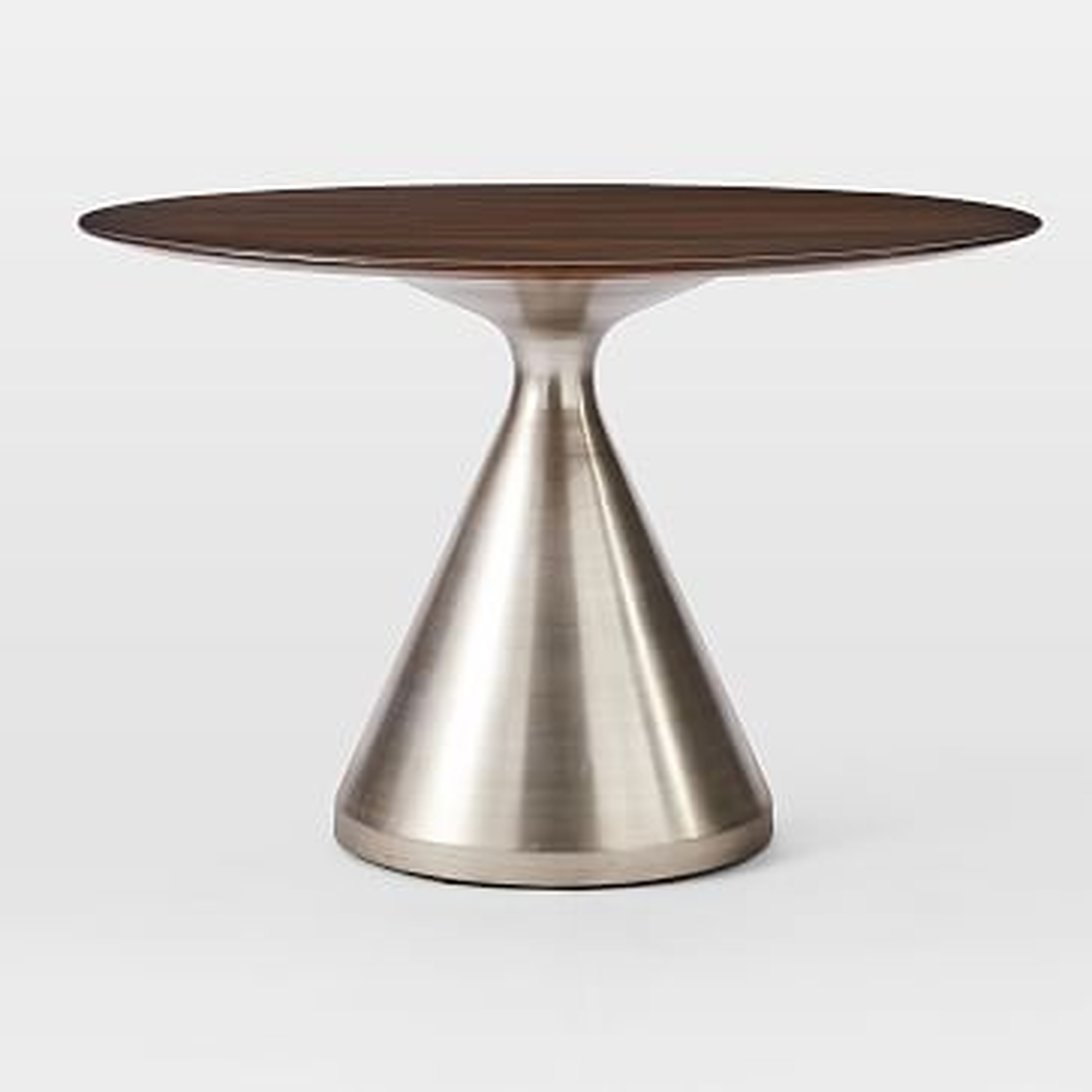 Silhouette Pedestal Dining Table, Dark Walnut, Brushed Nickel - West Elm