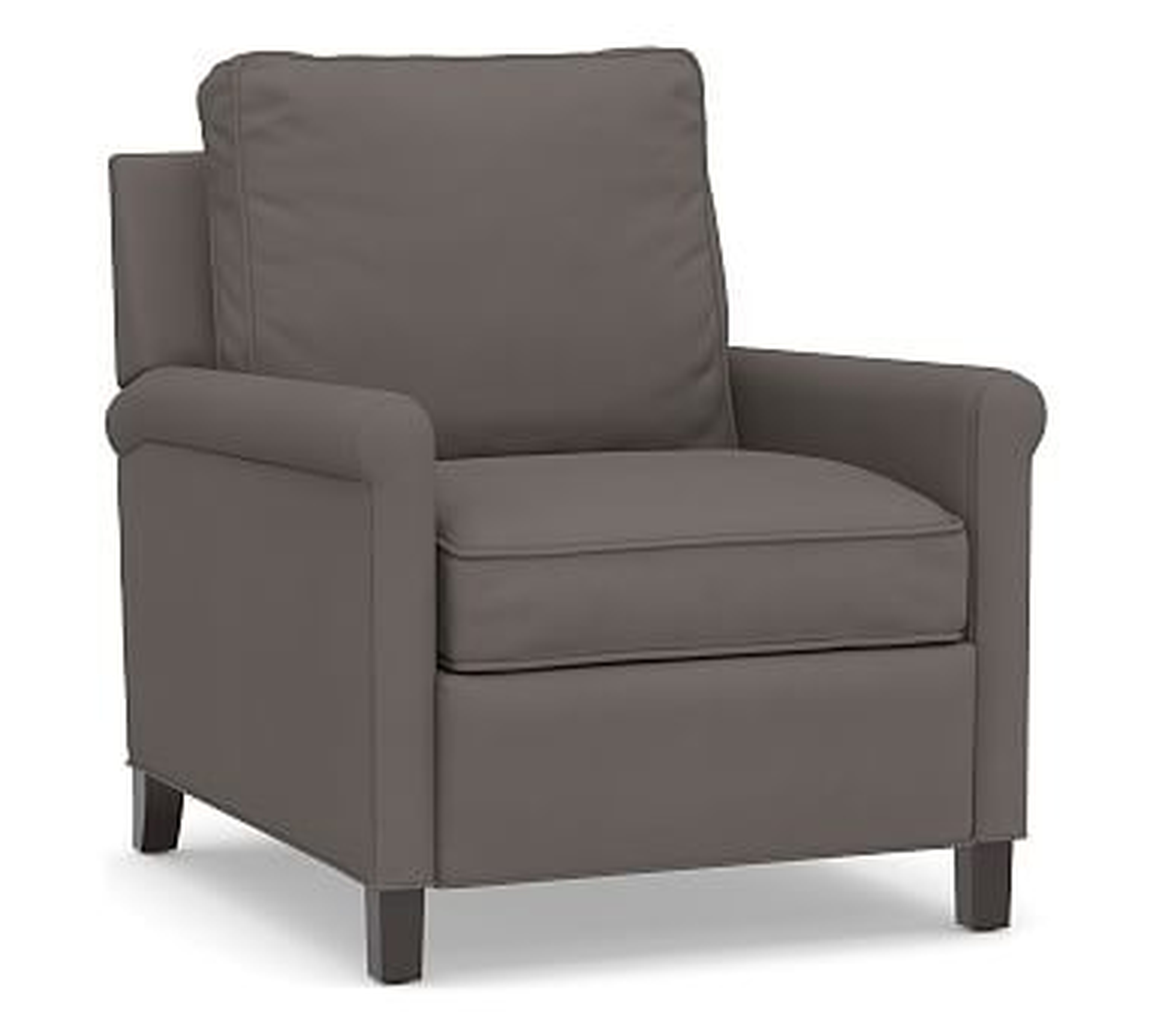 Tyler Roll Arm Upholstered Recliner without Nailheads, Down Blend Wrapped Cushions, Twill Metal Gray - Pottery Barn