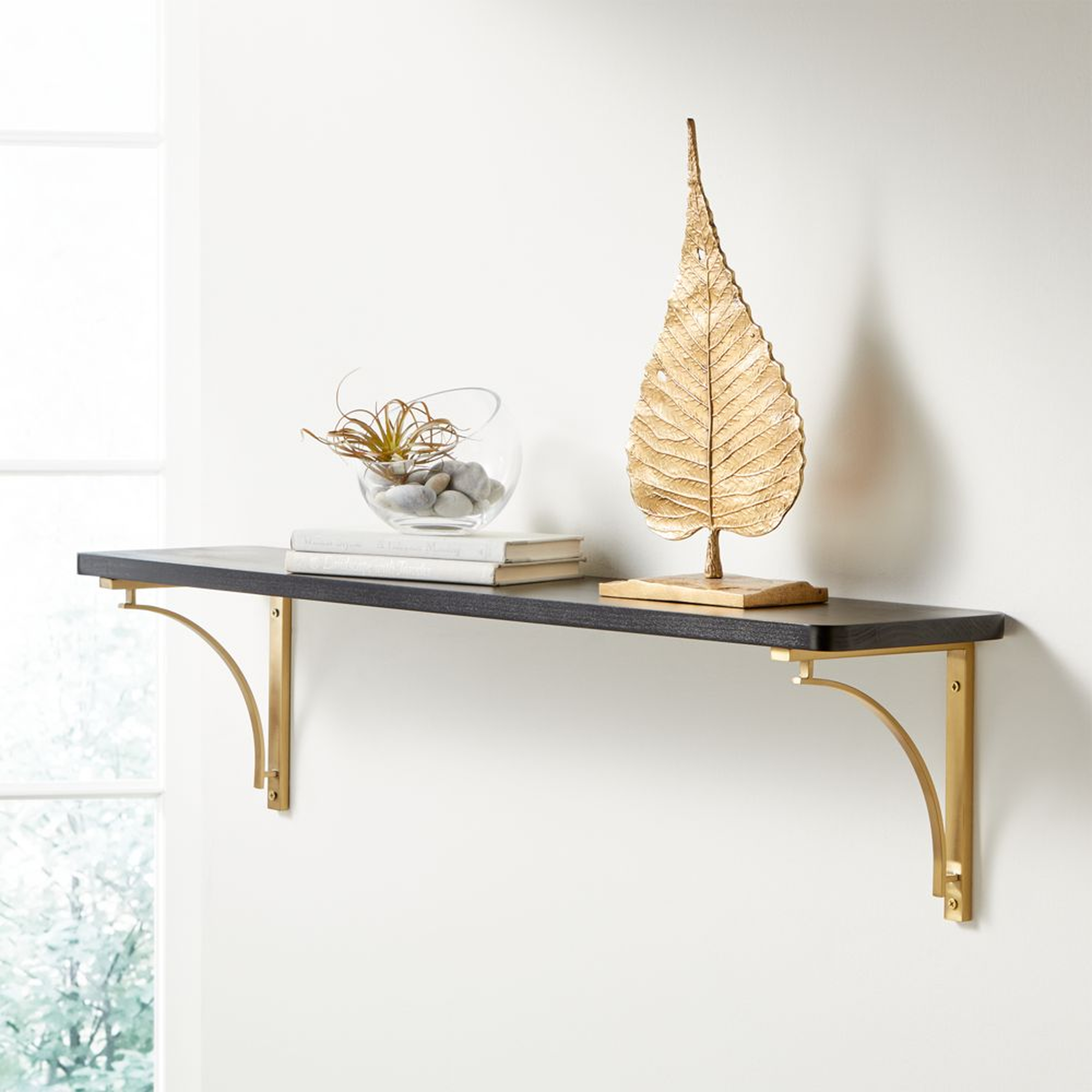 Riggs 36" Black Shelf with Brass Arc Brackets - Crate and Barrel