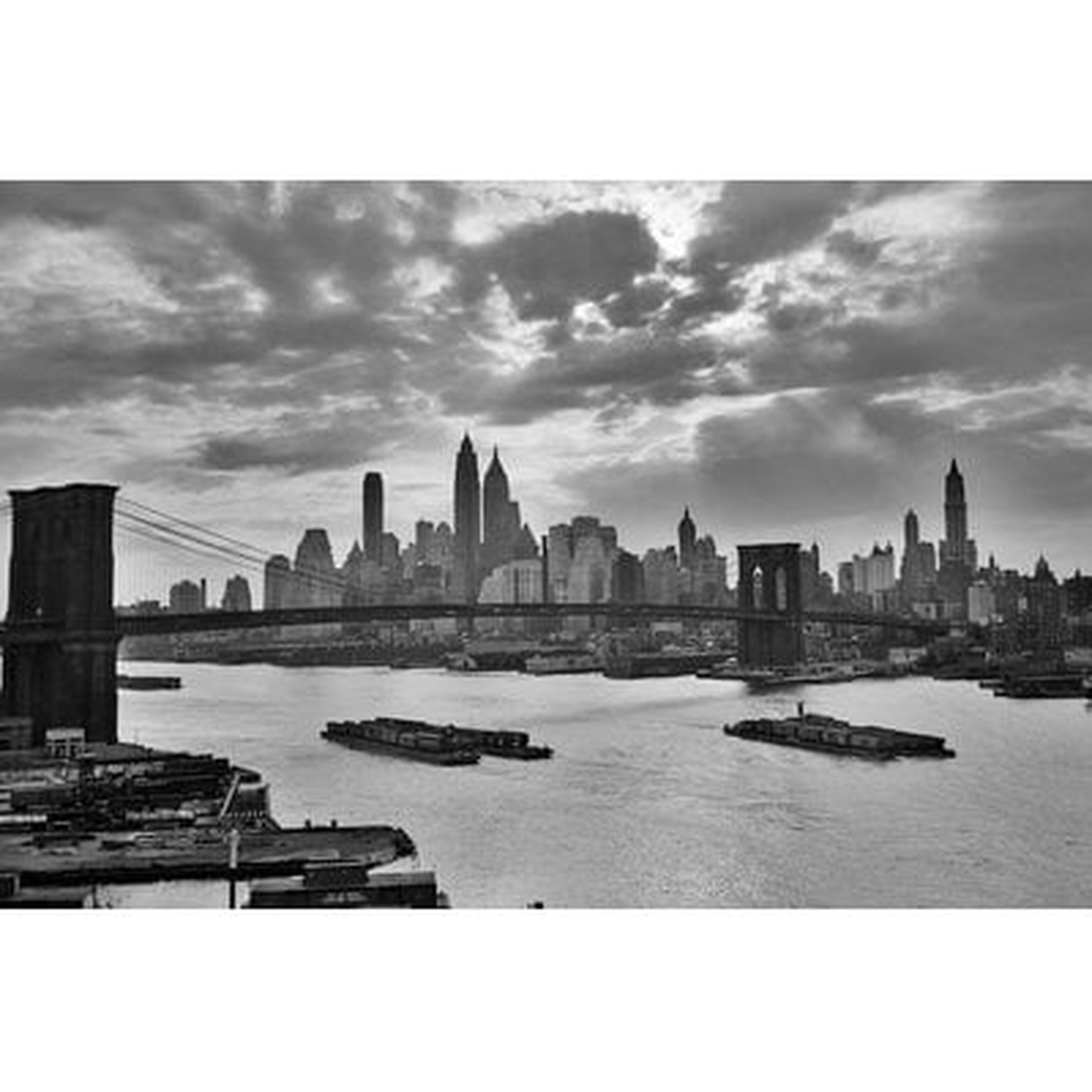 '1940s-1950s Dramatic Sunset Downtown New York City Skyline with Brooklyn Bridge Barges in East River Nyc, NY, USA' Photographic Print on Wrapped Canvas - Wayfair