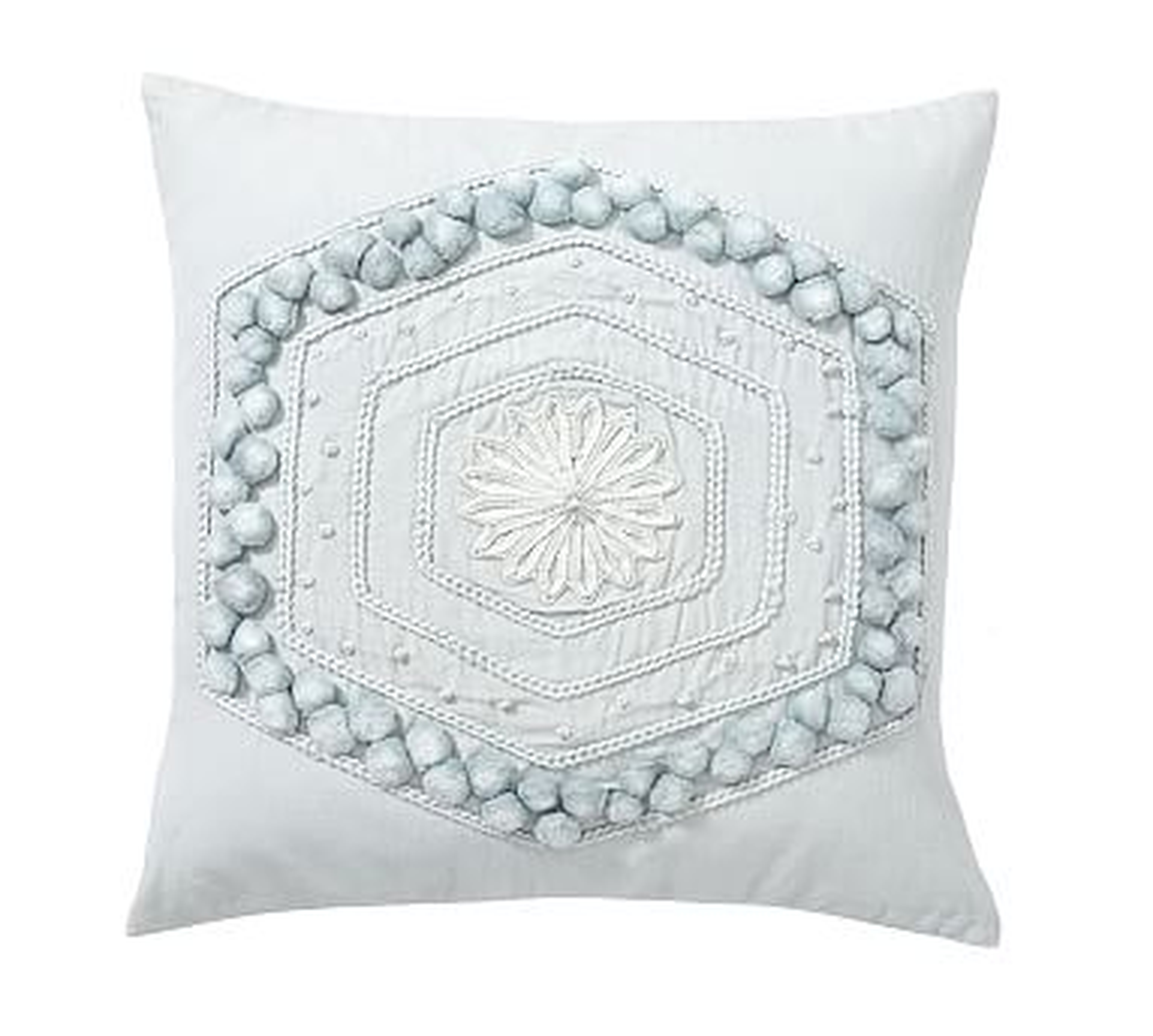 Pom Pom Embroidered Pillow Cover, 20", Porcelain Blue - Pottery Barn