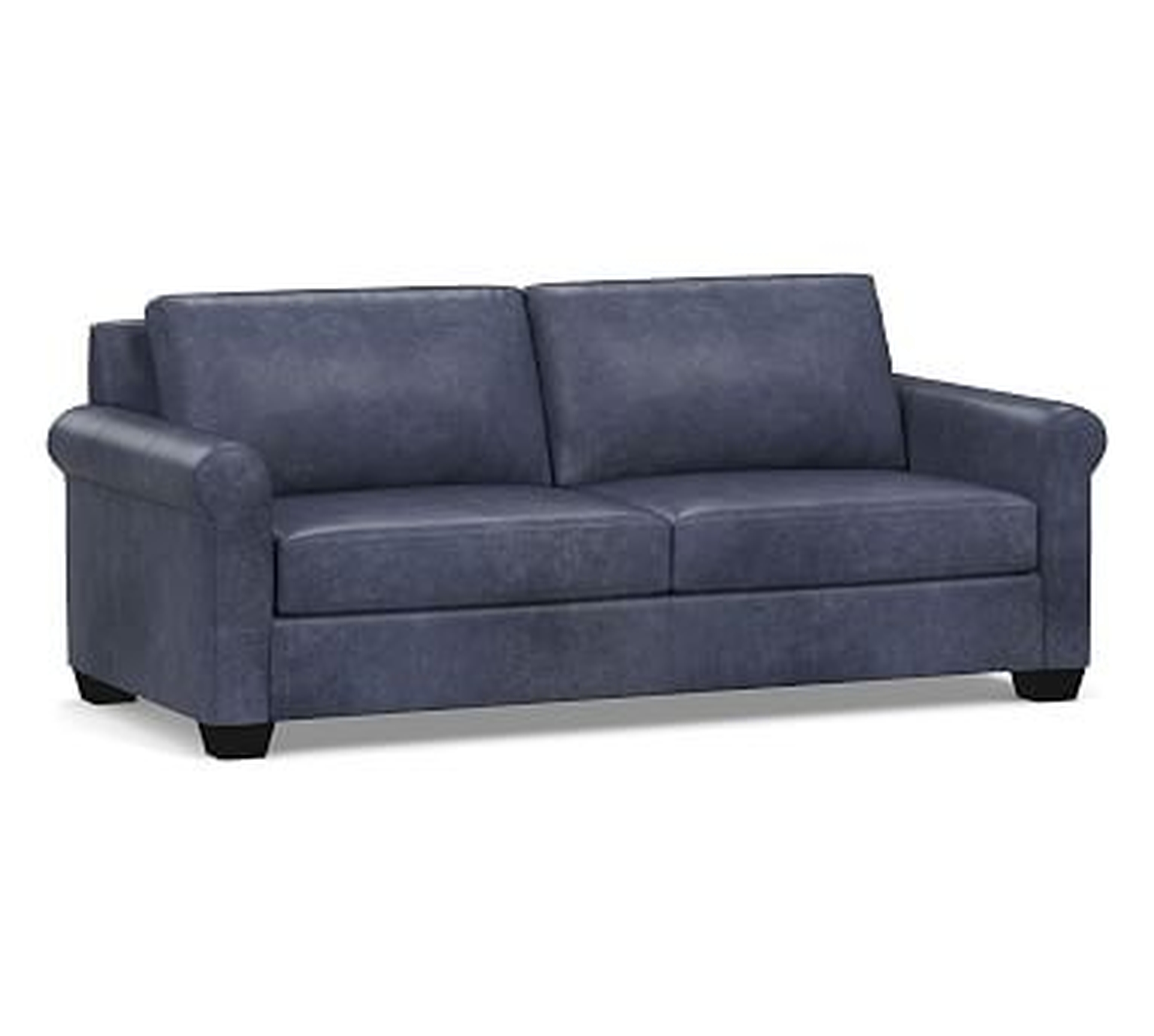 York Roll Arm Leather Sofa 83", Polyester Wrapped Cushions, Statesville Indigo - Pottery Barn