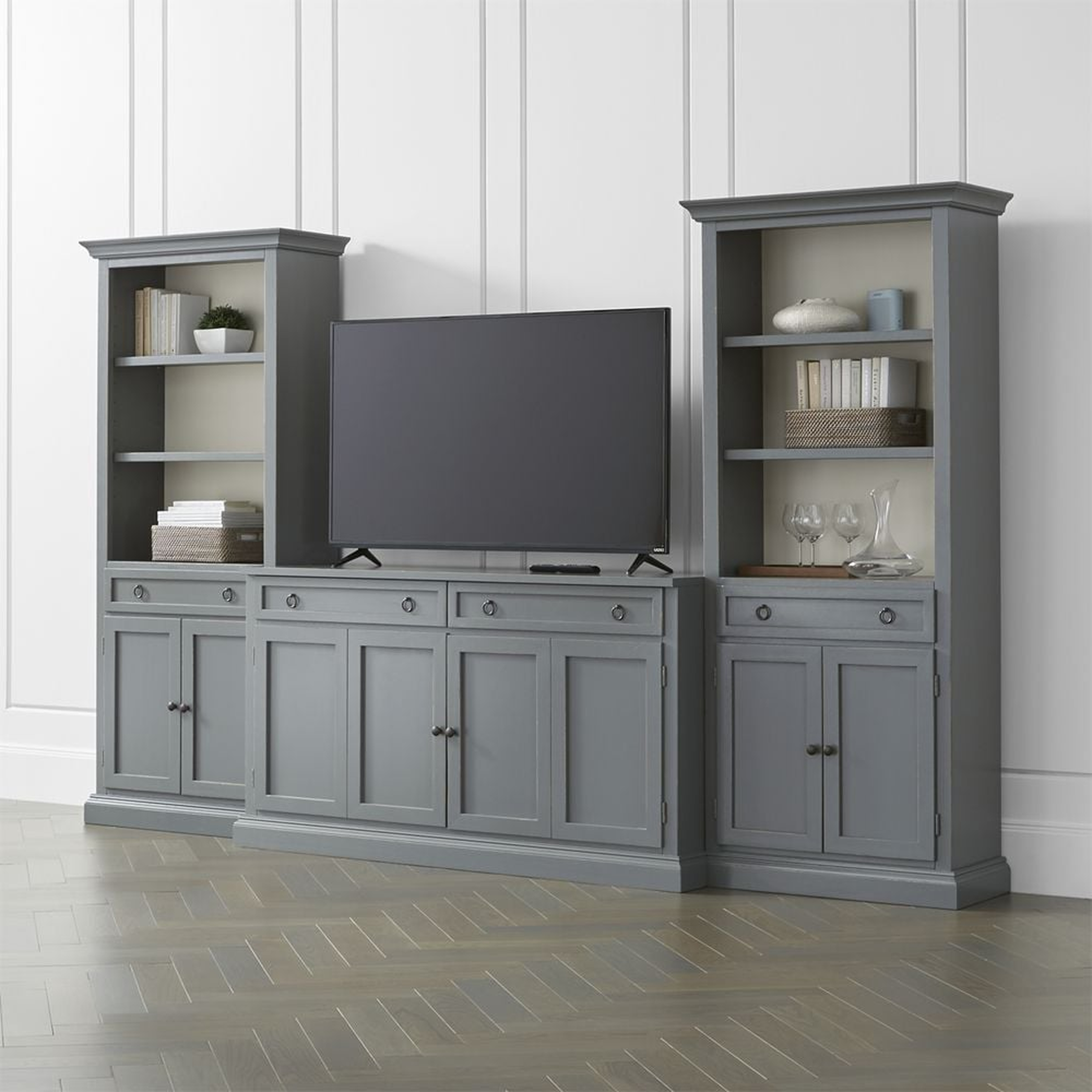 Cameo 3-Piece Modular Grey Media Entertainment Center with Storage Bookcases - Crate and Barrel