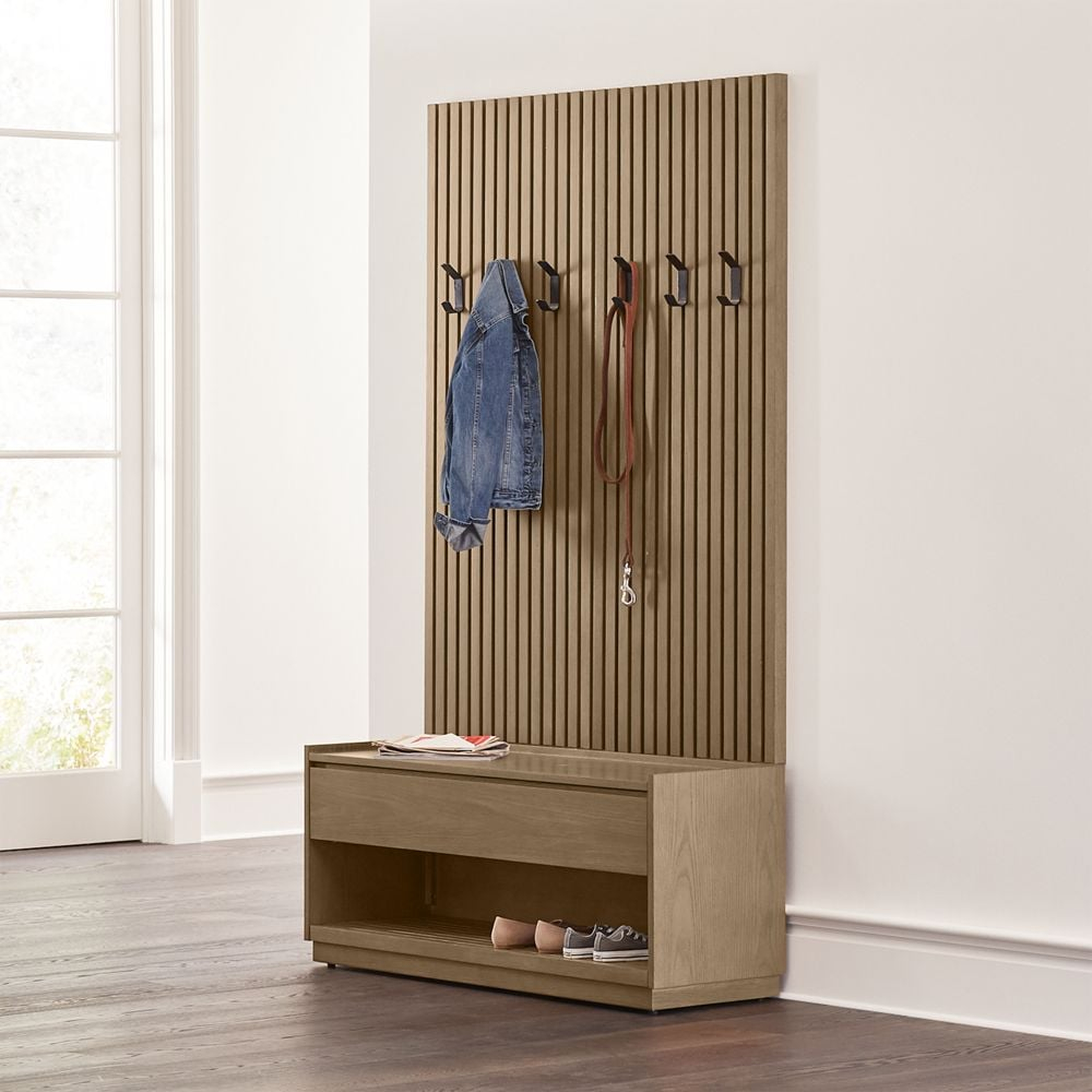Batten Brown Oak Storage Bench and Panel Set - Crate and Barrel
