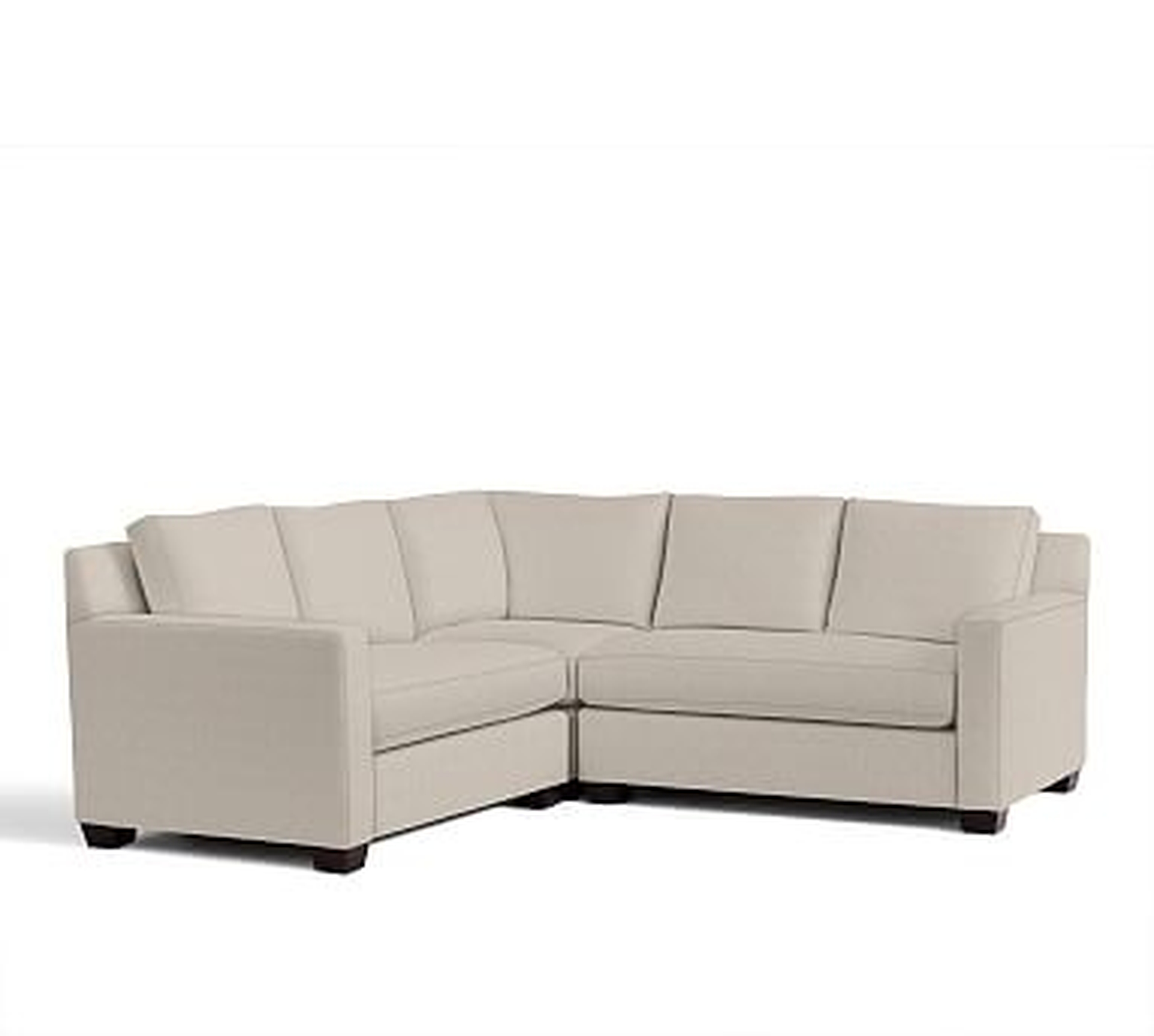 York Square Arm Upholstered 3-Piece L-Shaped Corner Sectional with Bench Cushion, Down Blend Wrapped Cushions, Sunbrella(R) Performance Sahara Weave Oatmeal - Pottery Barn