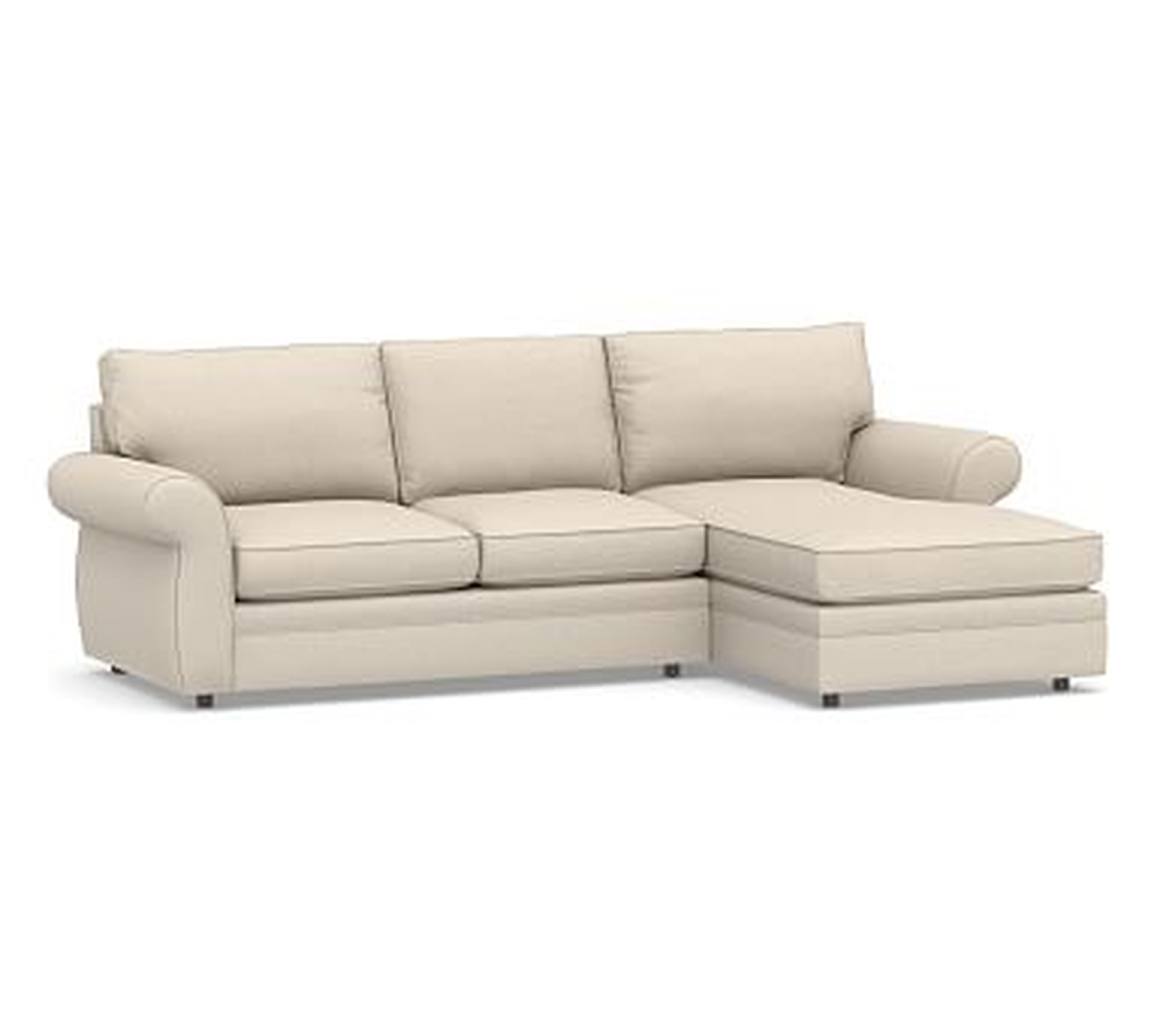 Pearce Roll Arm Upholstered Left Arm Loveseat with Chaise Sectional, Down Blend Wrapped Cushions, Performance Chateau Basketweave Oatmeal - Pottery Barn