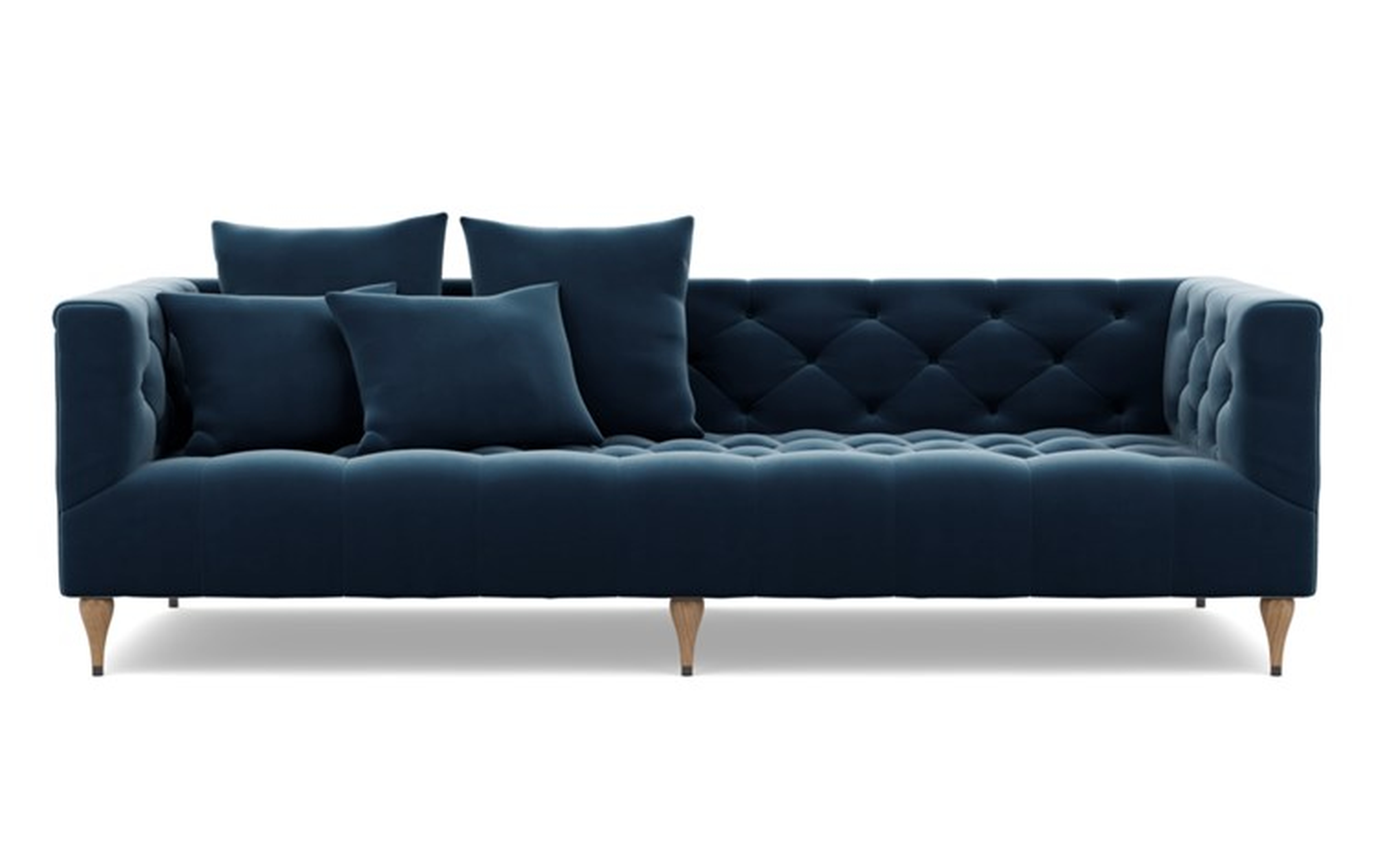 Ms. Chesterfield Sofa with Blue Sapphire Fabric and Natural Oak with Antique Cap legs - Interior Define