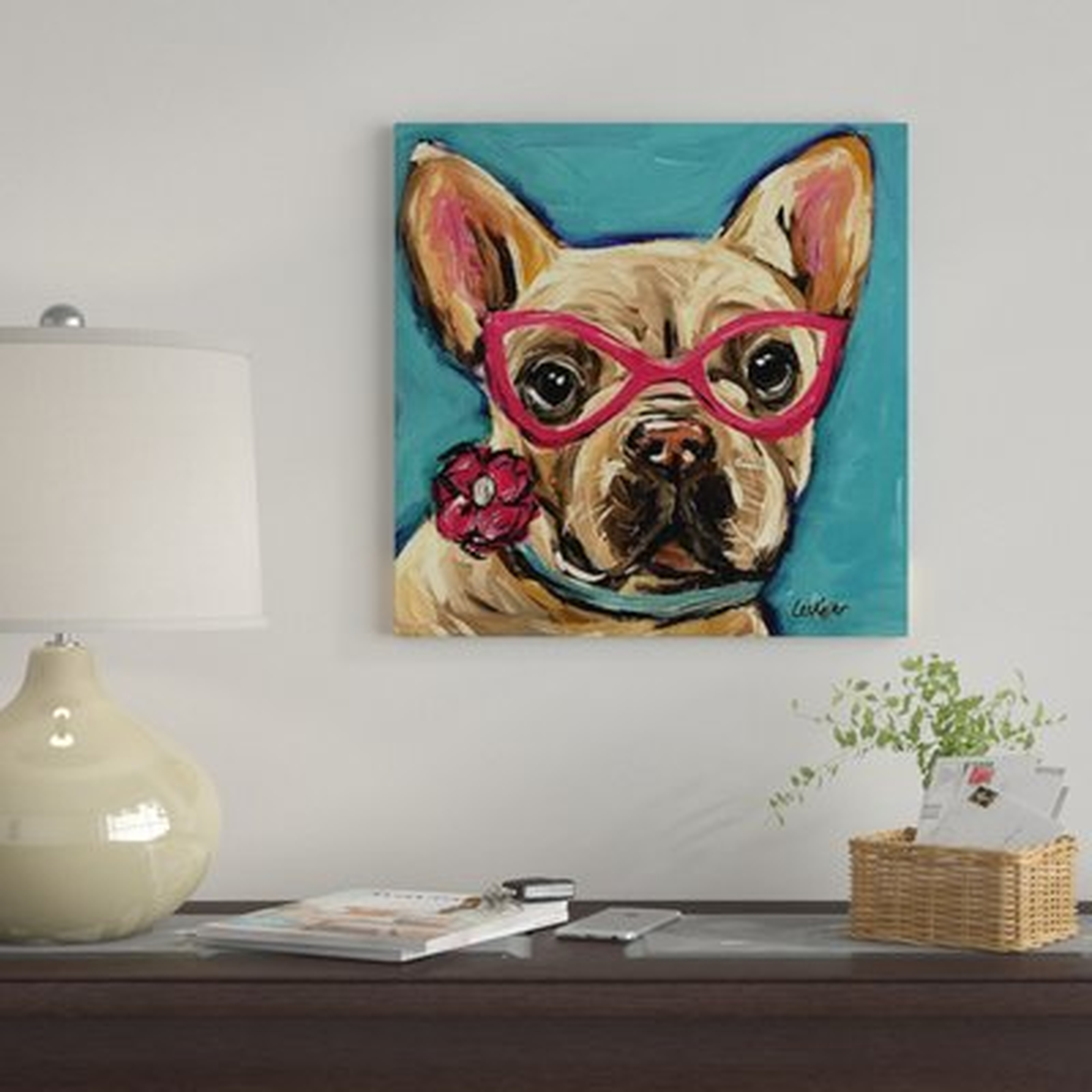 'Frenchie With Glasses, Pearl'  by Hippie Hound Studios Graphic Art Print on Wrapped Canvas - Wayfair