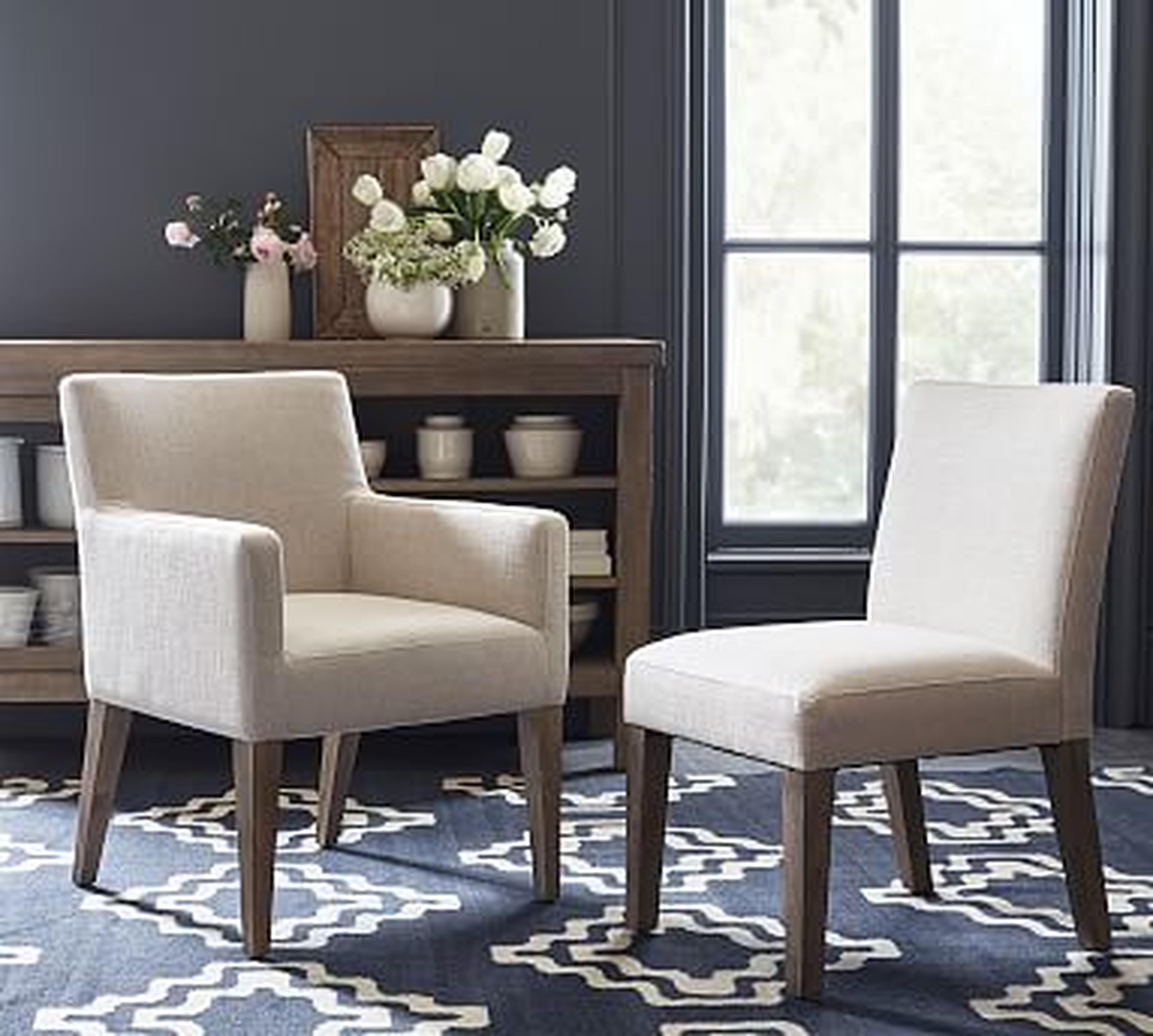 Classic Upholstered Dining Side Chair, Gray Wash Legs, Brushed Crossweave Charcoal - Pottery Barn