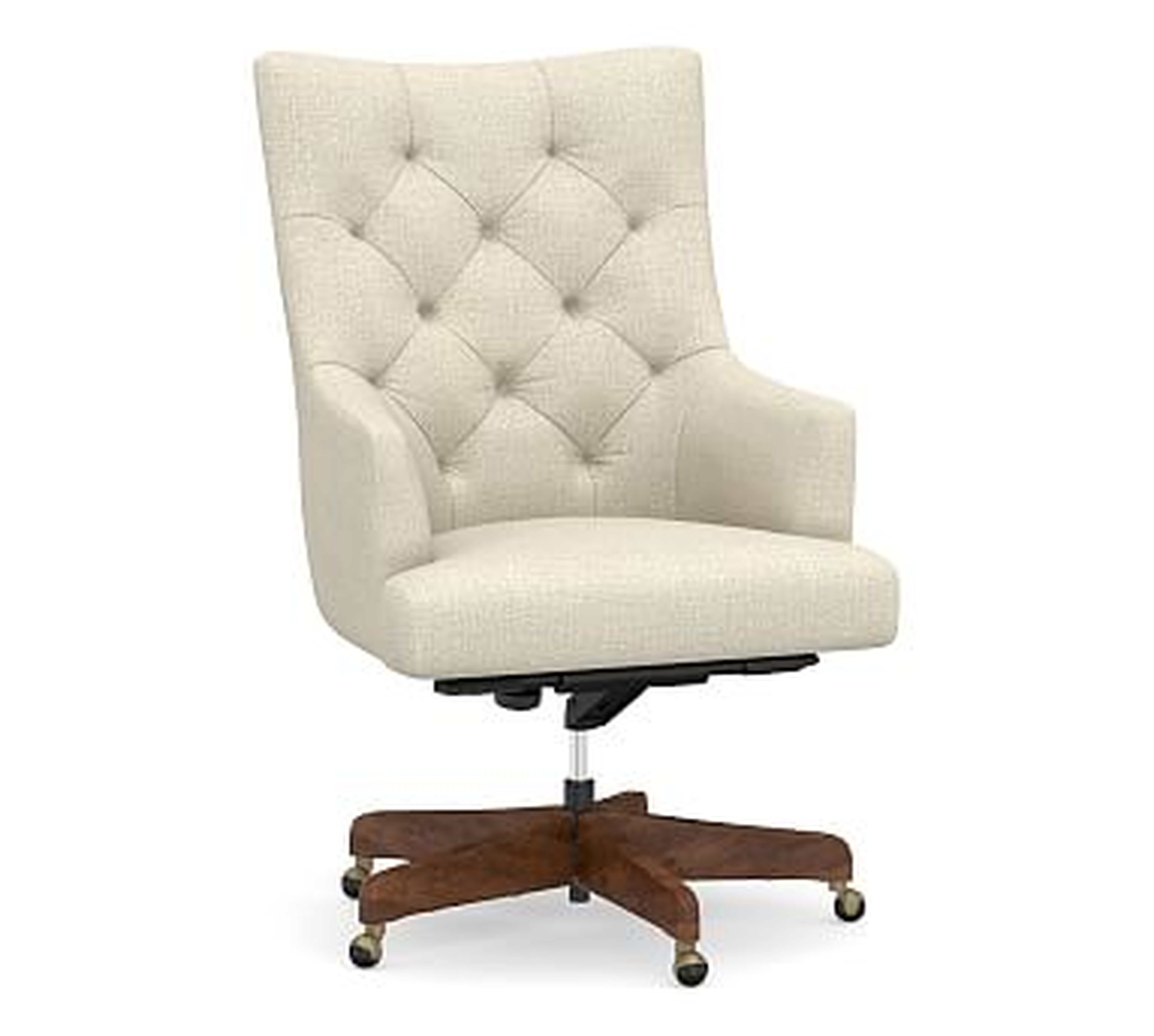 Radcliffe Tufted Upholstered Swivel Desk Chair, Rustic Brown Base, Basketweave Slub Oatmeal - Pottery Barn