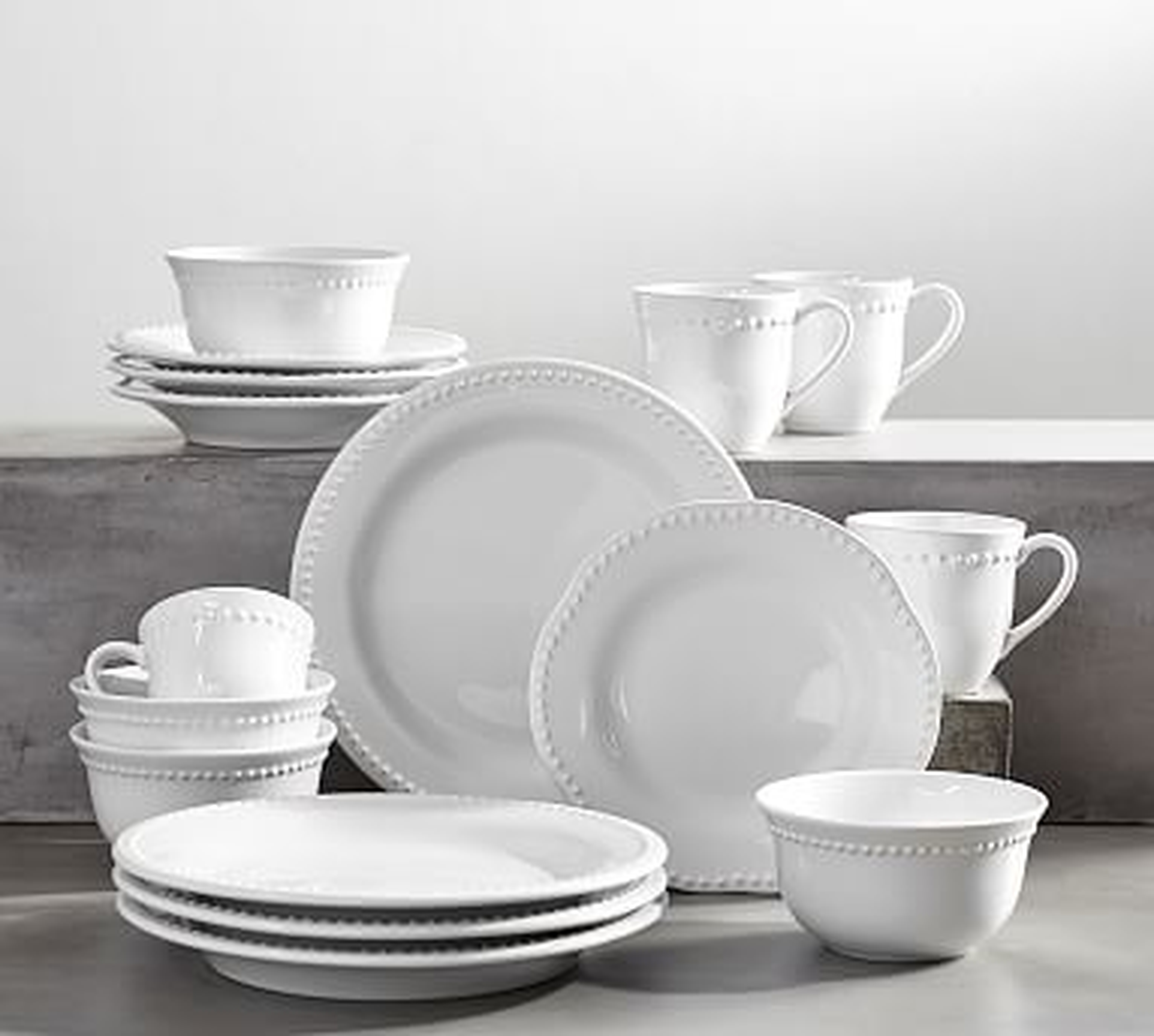 Emma Beaded Stoneware 16-Piece Dinnerware Set with Mug & Cereal Bowl - True White - Pottery Barn