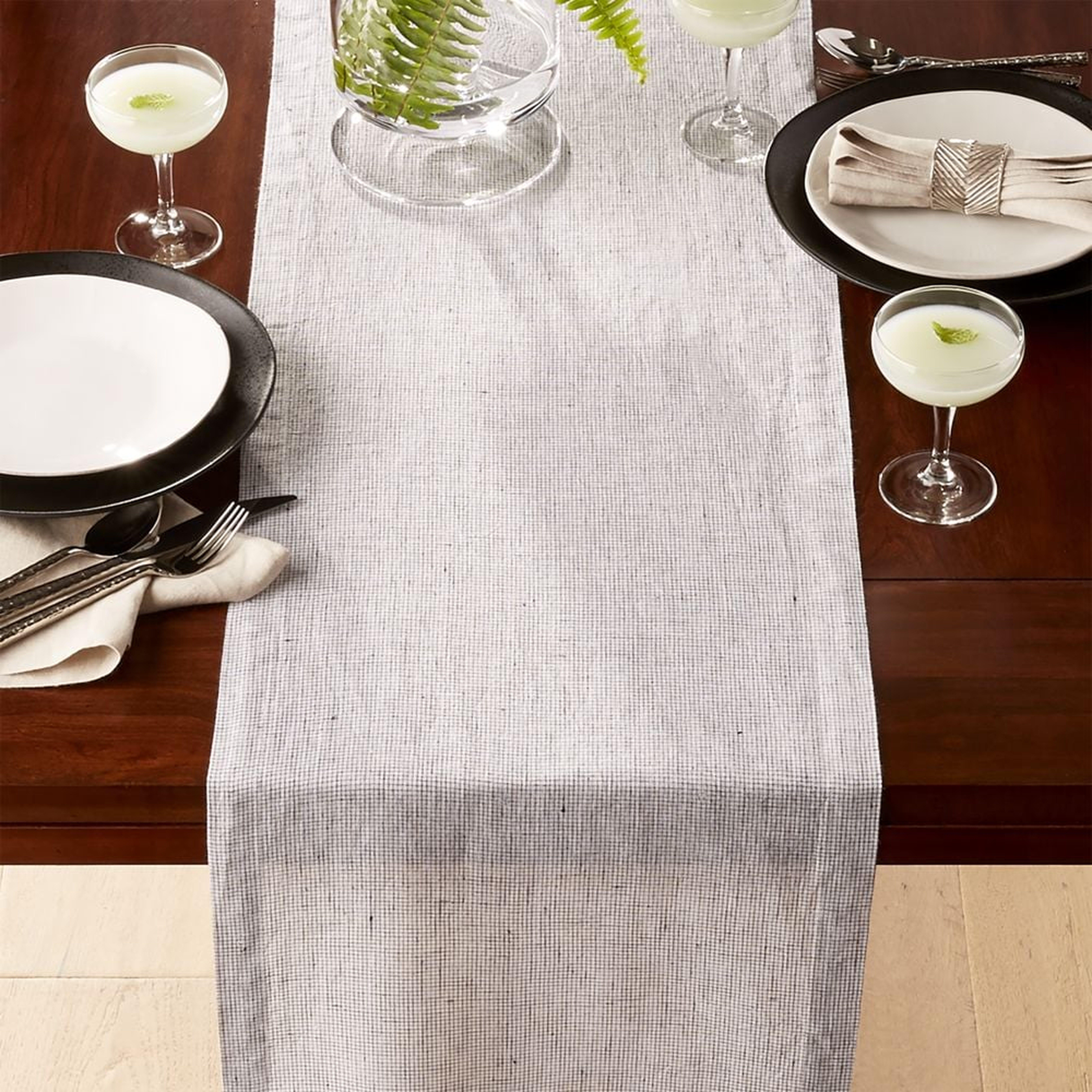 Suits Neutral Grid Grey 90" Linen Table Runner - Crate and Barrel
