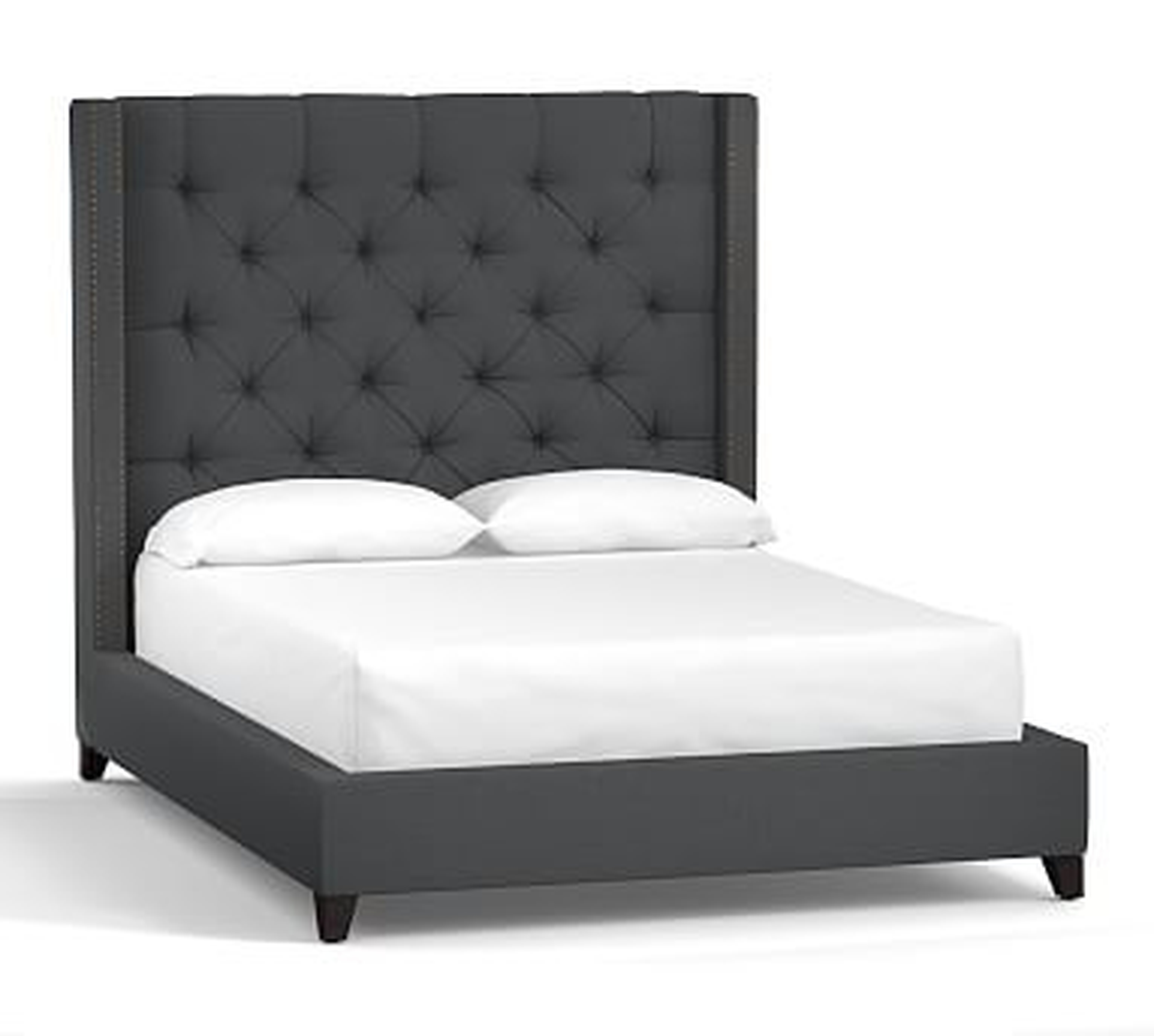 Harper Tufted Upholstered Bed with Bronze Nailheads, King, Tall Headboard65"h, Premium Performance Basketweave Charcoal - Pottery Barn