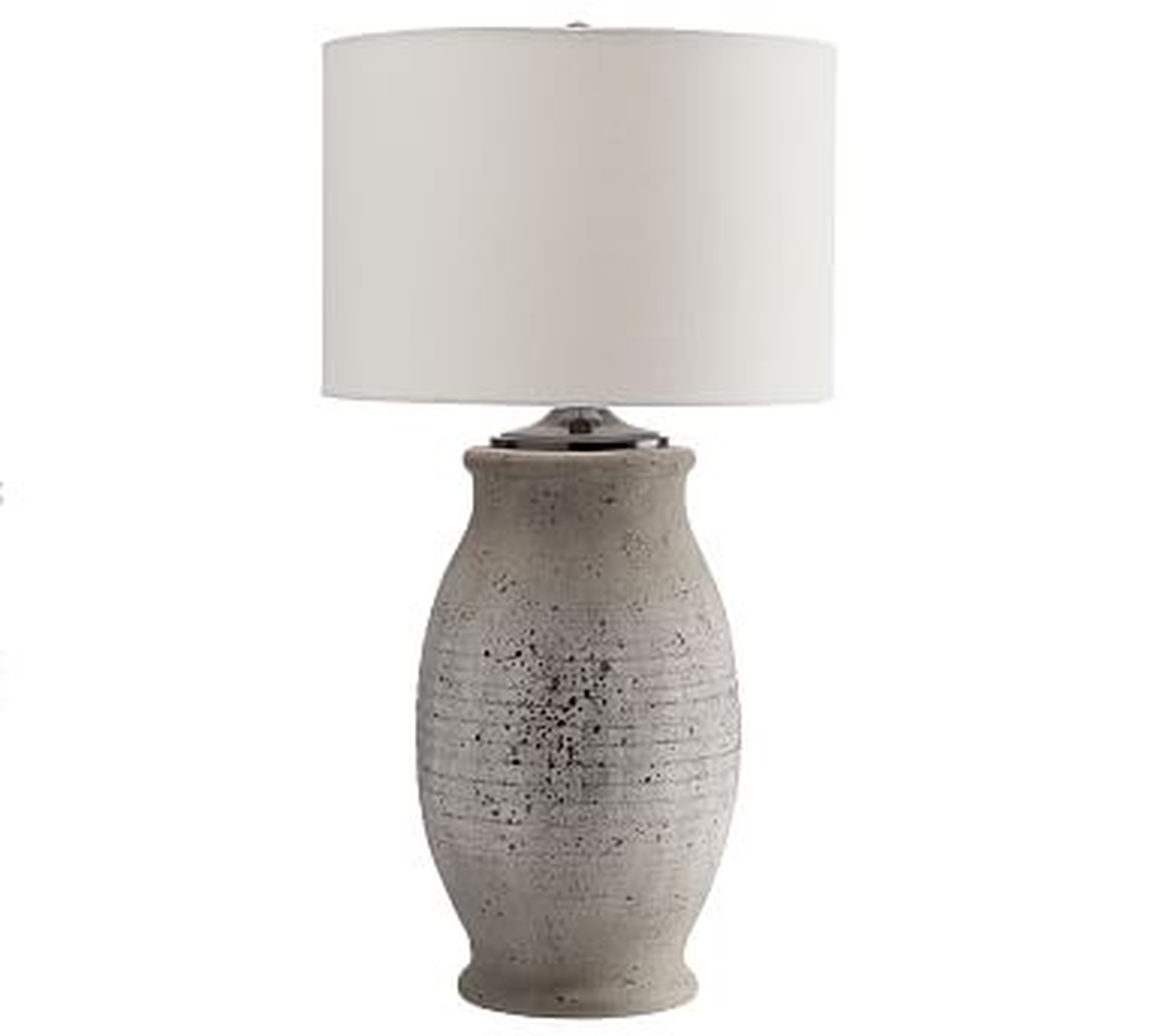 Maddox Terra Cotta 27" Table Lamp, Rustic Gray Base With Medium Gallery Stright-Sided Drum Shade, White - Pottery Barn