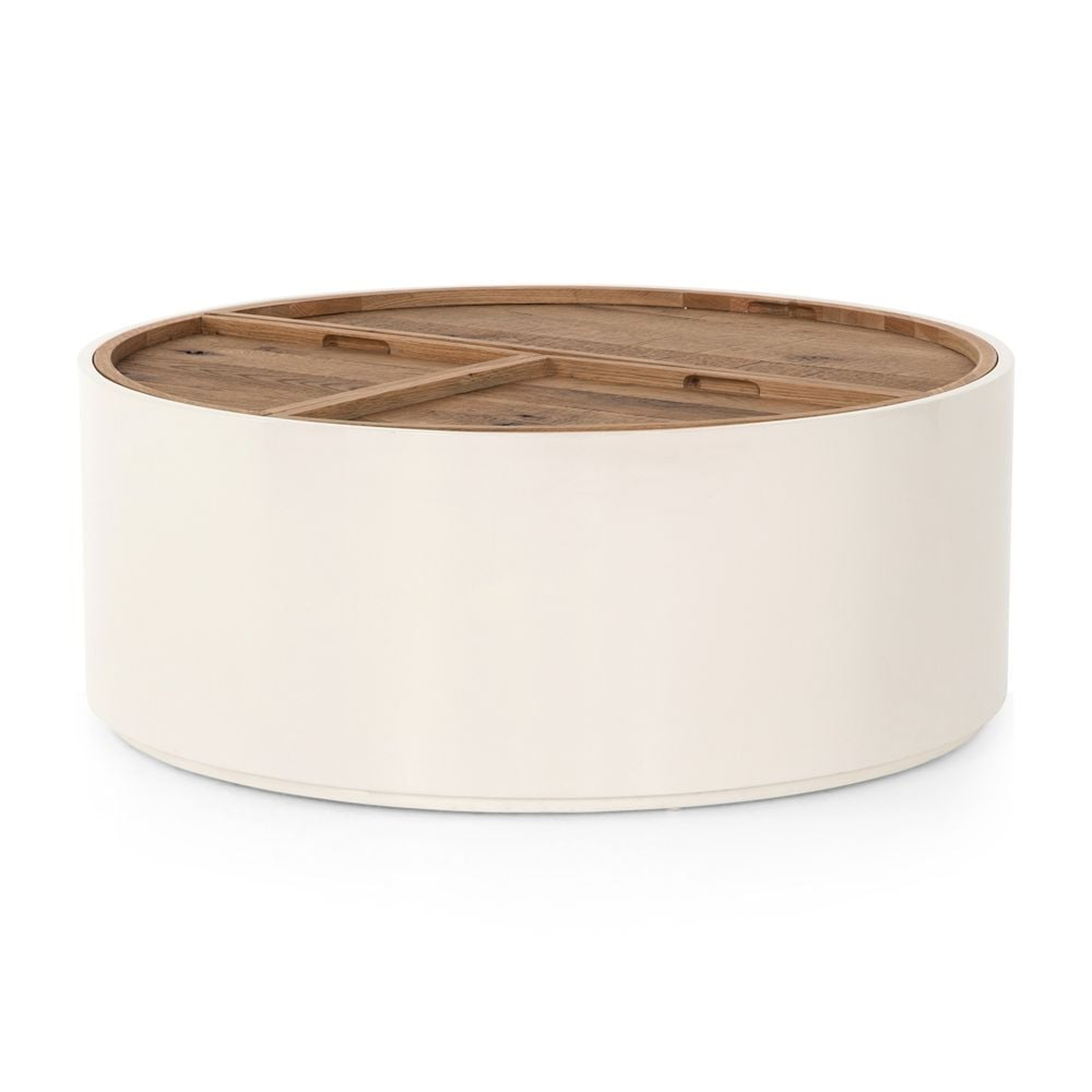 Dean White and Oak 42" Round Storage Coffee Table - Crate and Barrel