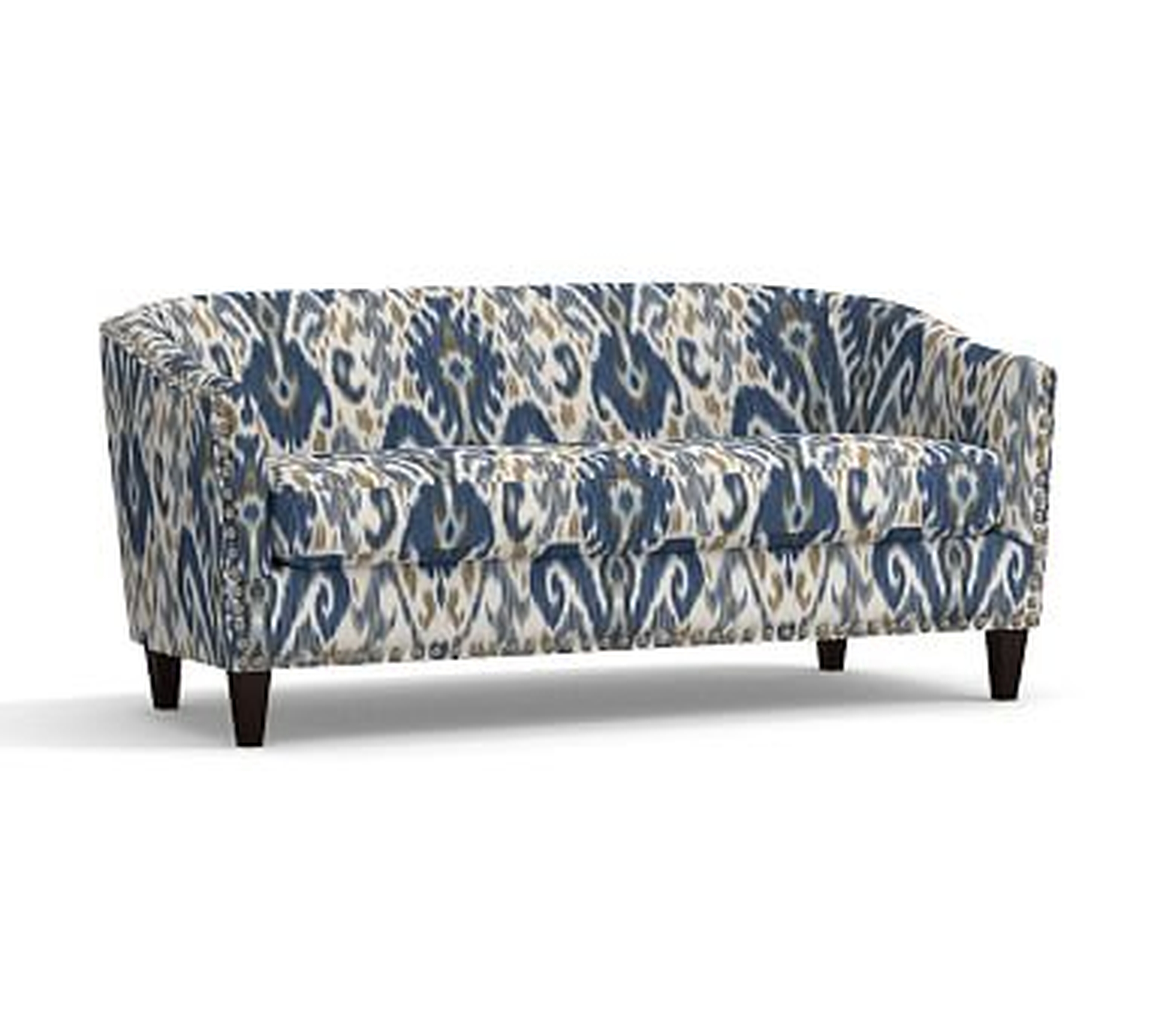 Harlow Upholstered Loveseat 54.5" with Pewter Nailheads, Polyester Wrapped Cushions, Ikat Geo Blue - Pottery Barn